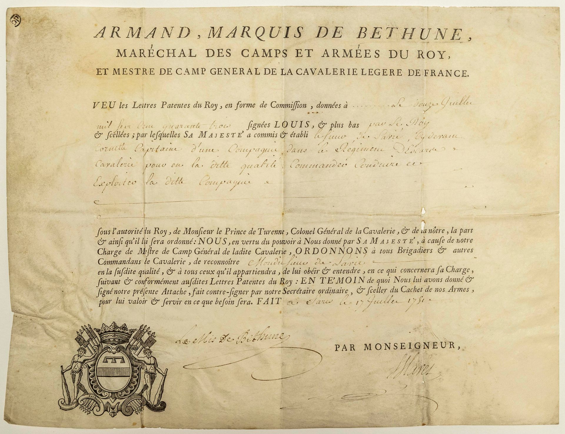 Armand Louis 1er de BÉTHUNE (1711-1788) Béthune侯爵和Chabris上校（骑兵）。签名：Armand, the M&hellip;
