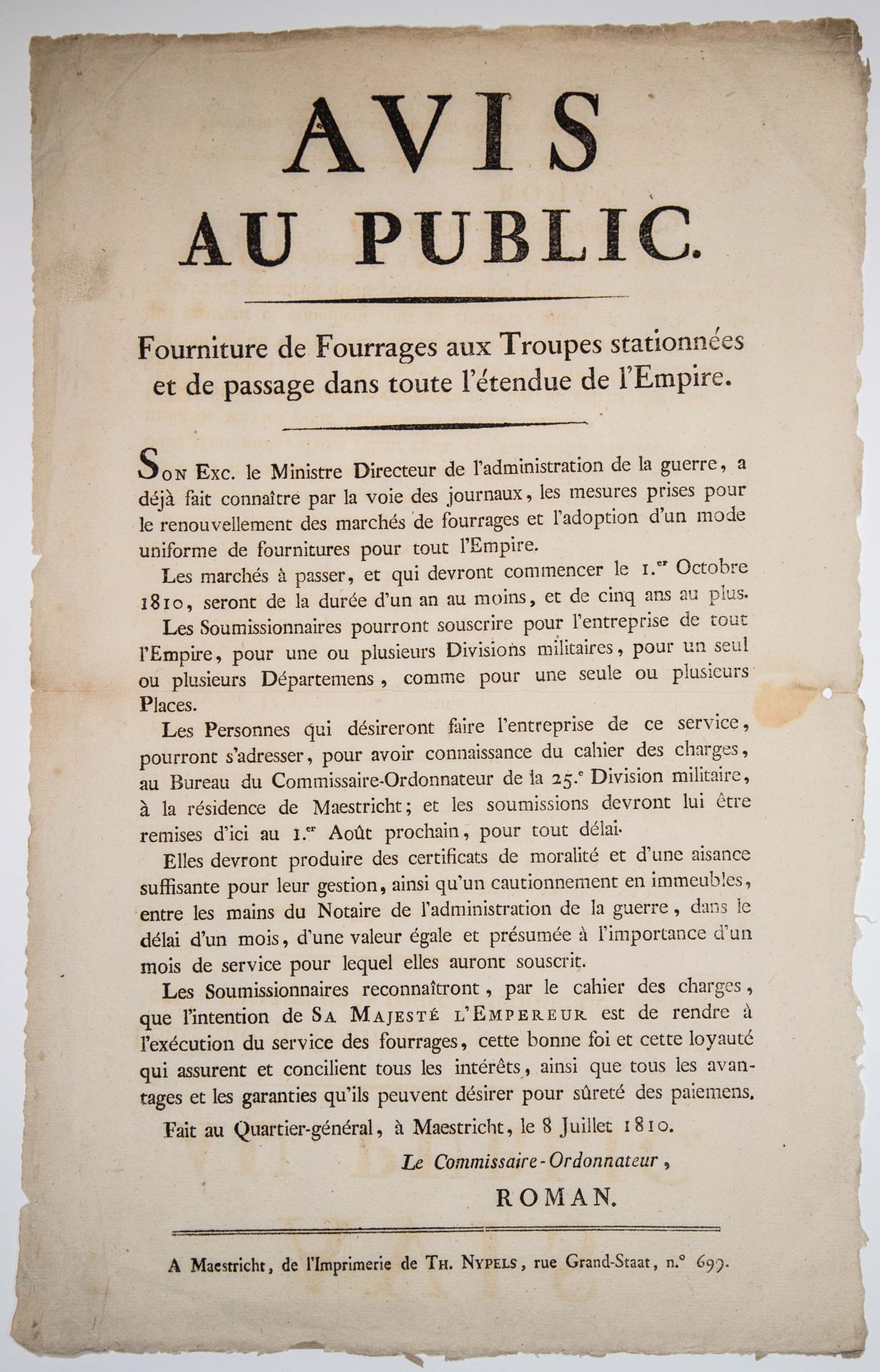 Null EMPIRE. 1810. Avis au public pour la FOURNITURE DE FOURRAGES AUX TROUPES st&hellip;