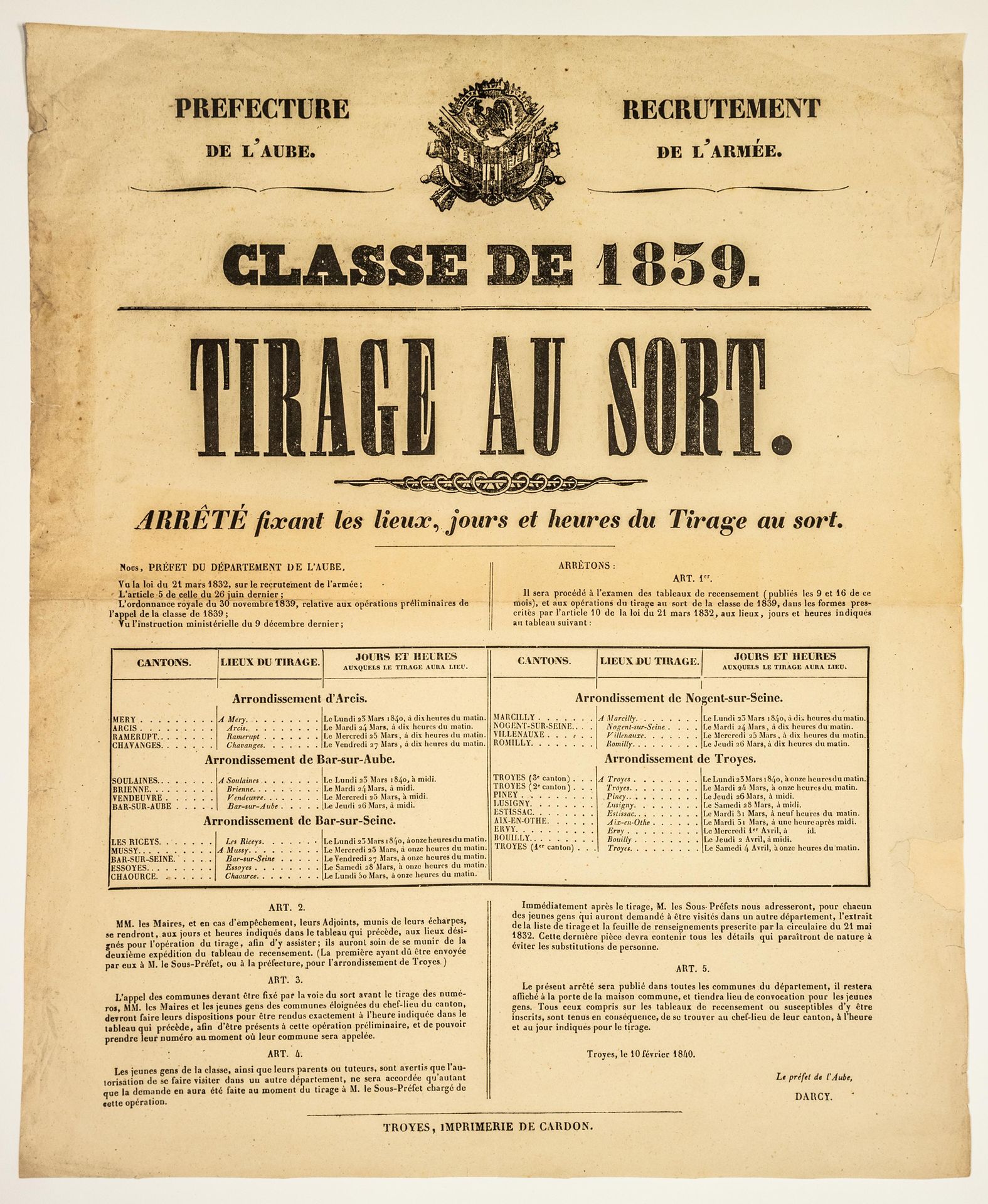Null AUBE. EJÉRCITO. SORTEO DE LOS RECLUTAS. TROYES, 10 de febrero de 1840: "Dec&hellip;