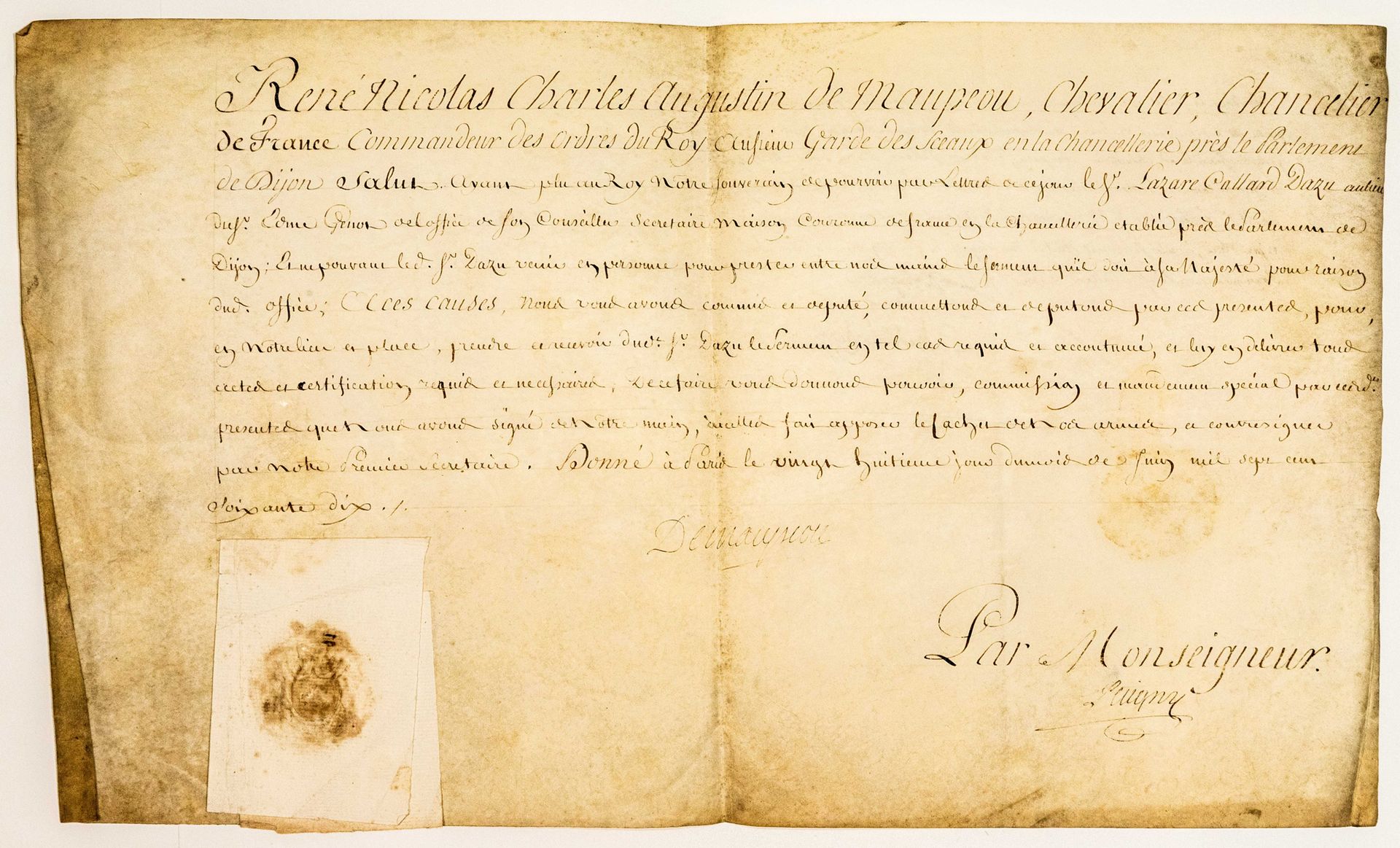 Null CÔTE D'OR. 1770. MAUPEOU. Ernennung zum PARLAMENT VON DIJON (21). Patent un&hellip;