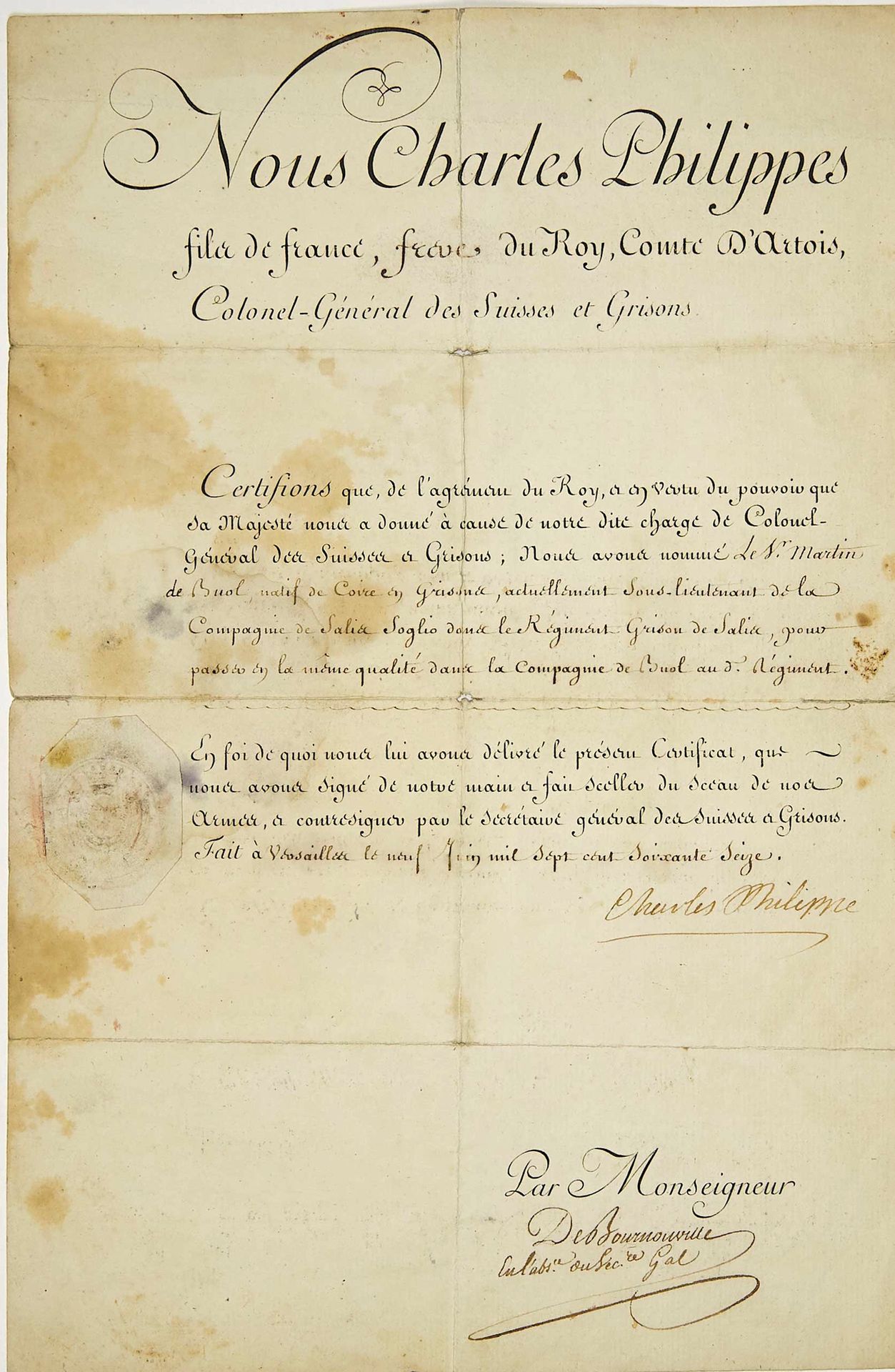 CHARLES X (Comte d'ARTOIS, Versailles 1757 - 1836) 法国国王1824年至1830年 签名：CHARLES PH&hellip;