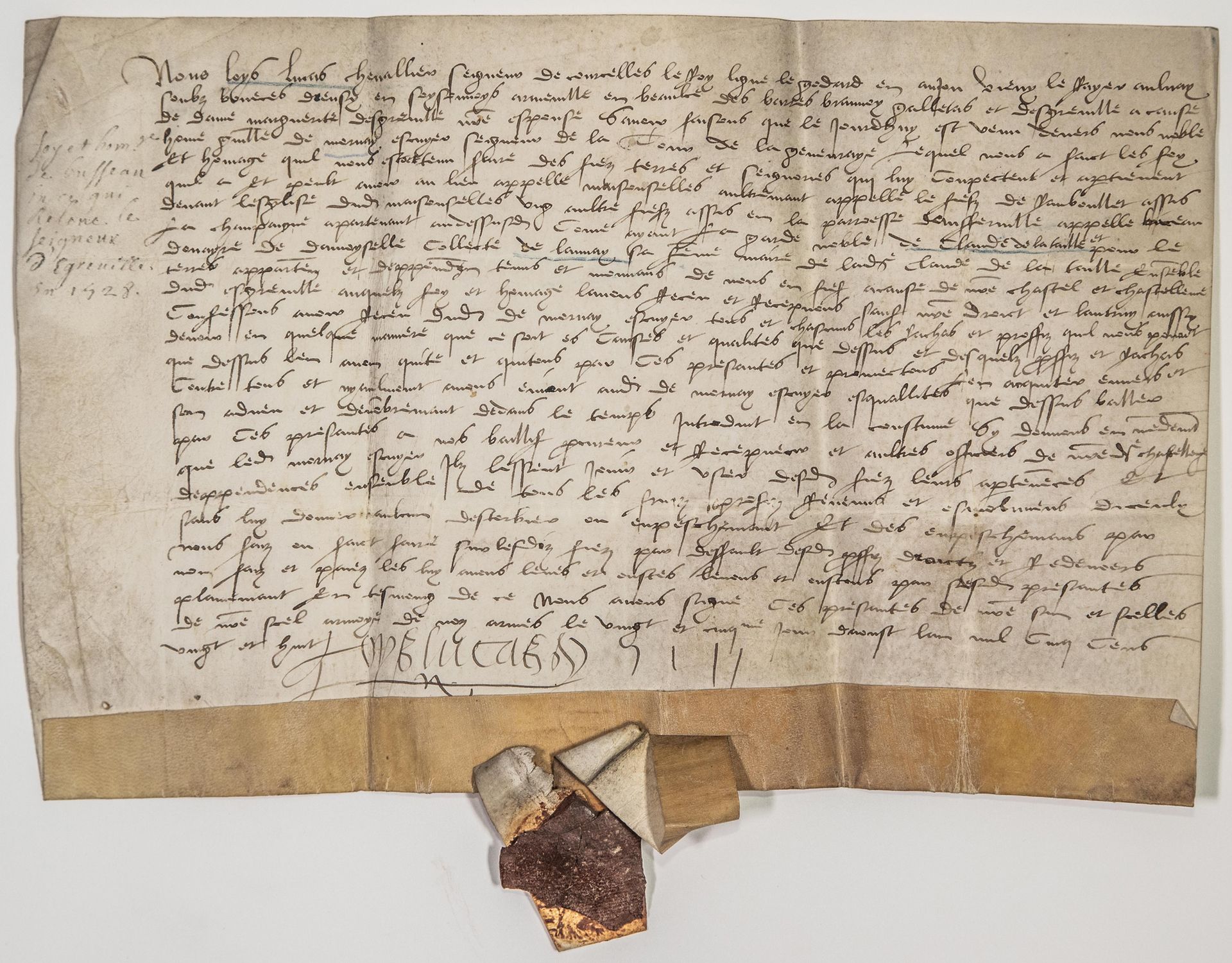 Null 塞纳河和马恩河。1528.1528年8月25日，对EGREVILLE主的信仰和敬意。签名："我们Loys LUCAS骑士，Courcelles le &hellip;