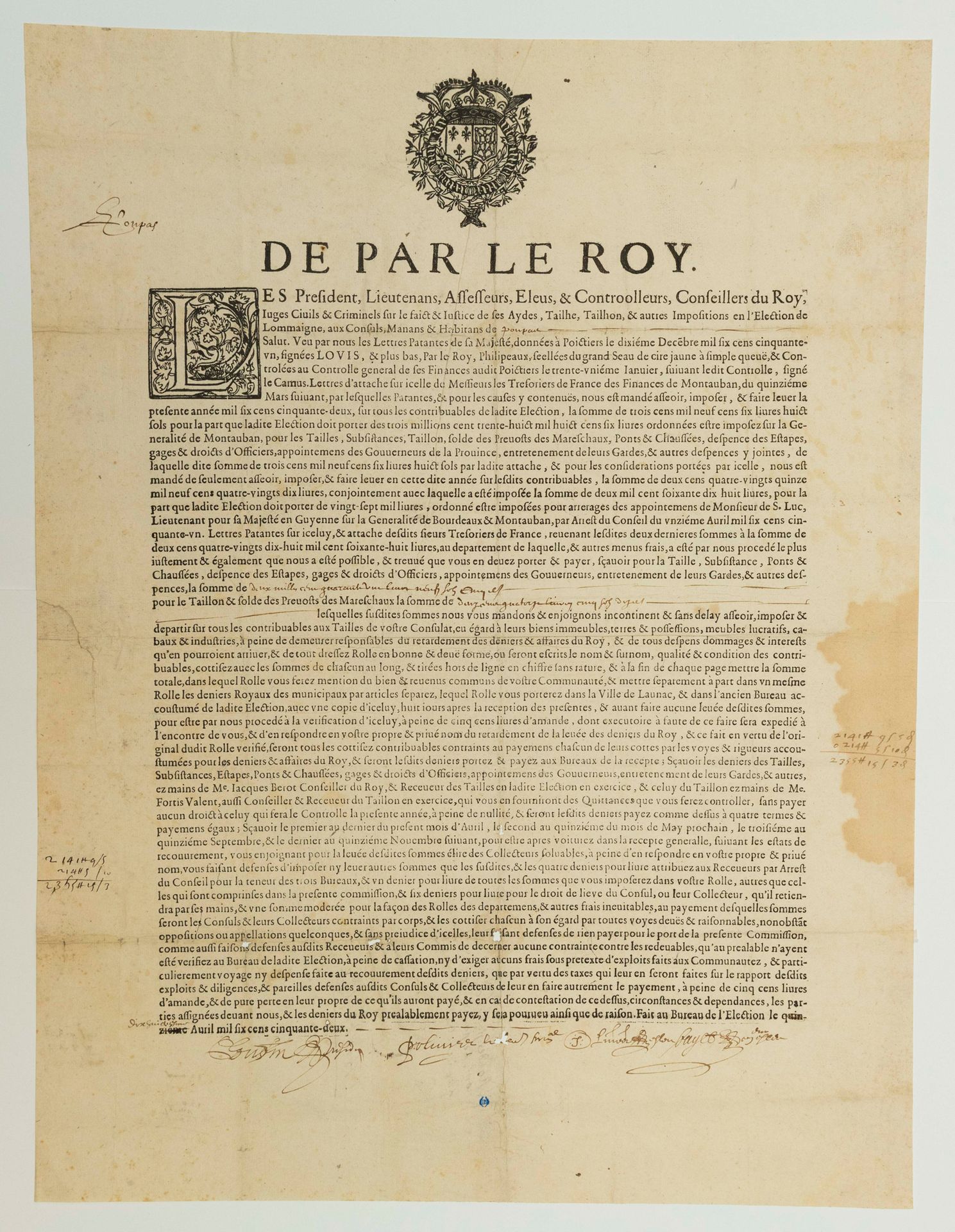 Null TARN ET GARONNE. 1652. POUPAS (82). NEGADORES DE ROY. TAILLES de la Elecció&hellip;