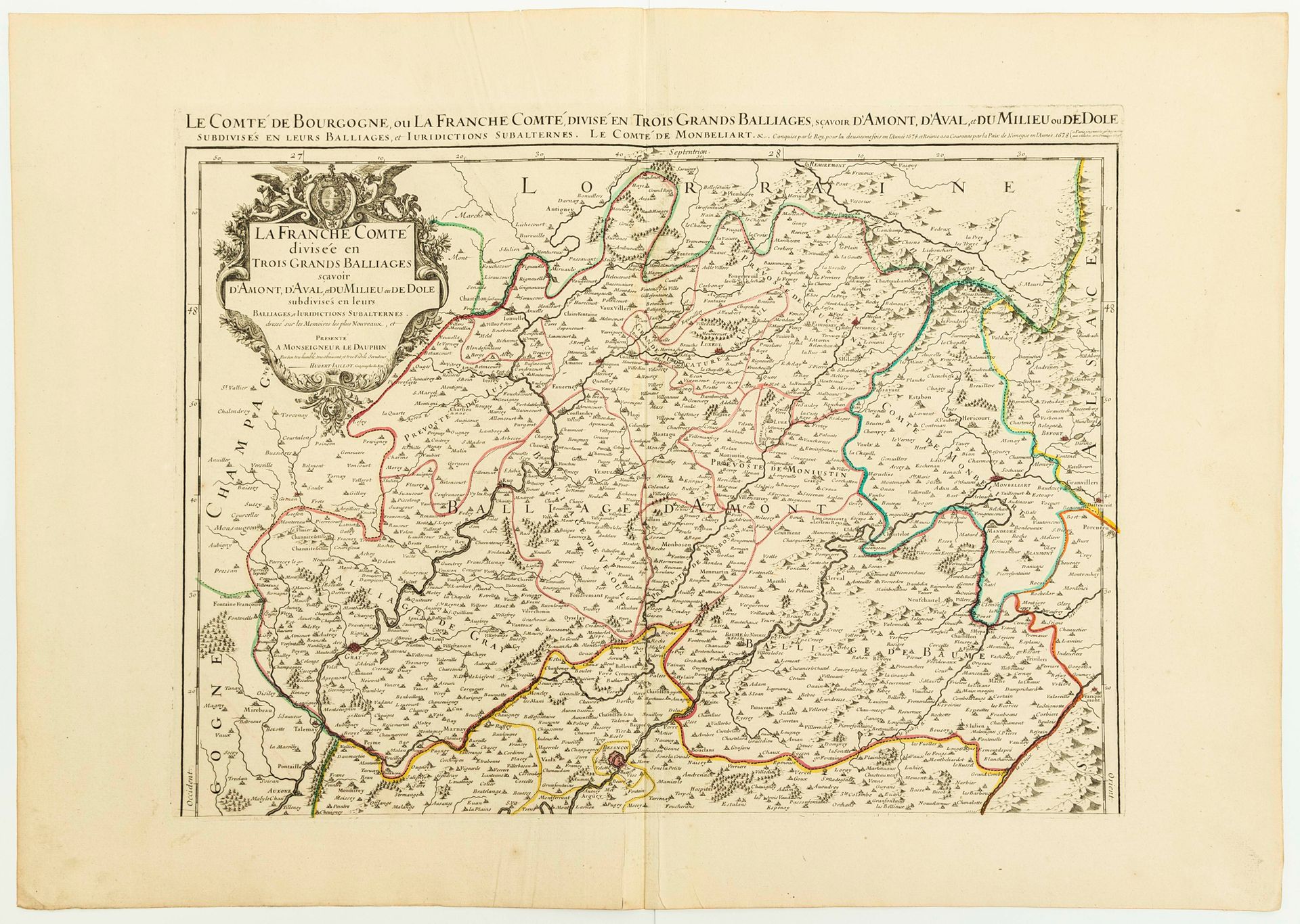 Null 1693年地图："BOURGOGNE或LA FRANCHE COMTÉ县，分为三个大辖区，即AMONT、AVAL和MILIEU或DOLE，再细分为各自&hellip;