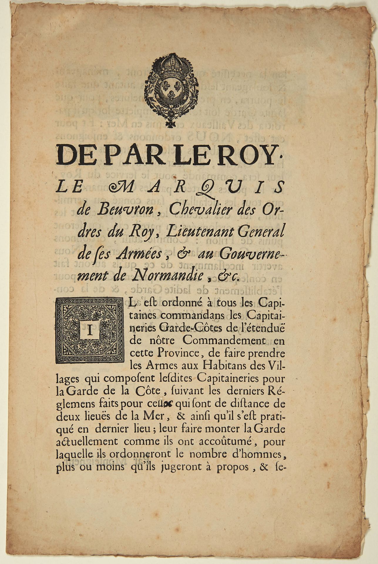 Null (NORMANDIE. GARDES DES CÔTES DE LA MER.) "Le Marquis de BEUVRON Chevalier d&hellip;