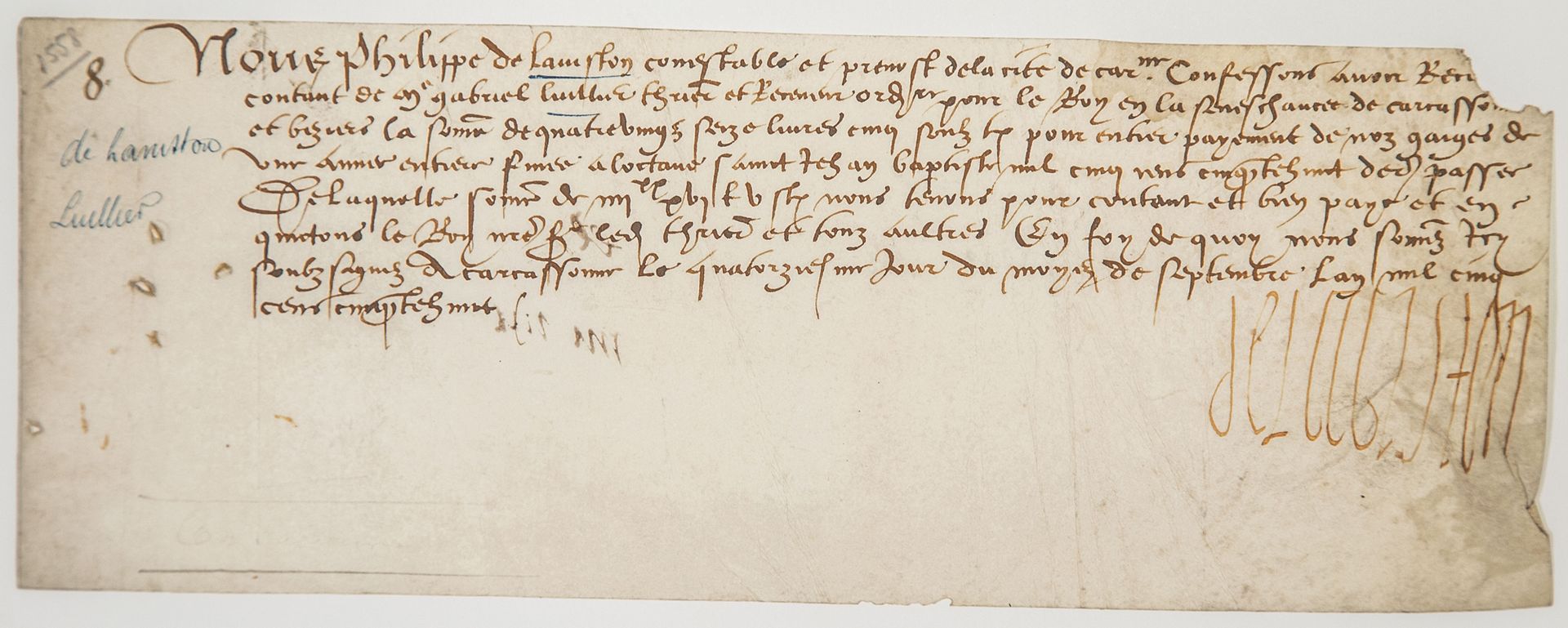 Null LANGUEDOC. 1558. AUDE. Recibo de salario firmado Philippe de LAVISTON, cont&hellip;