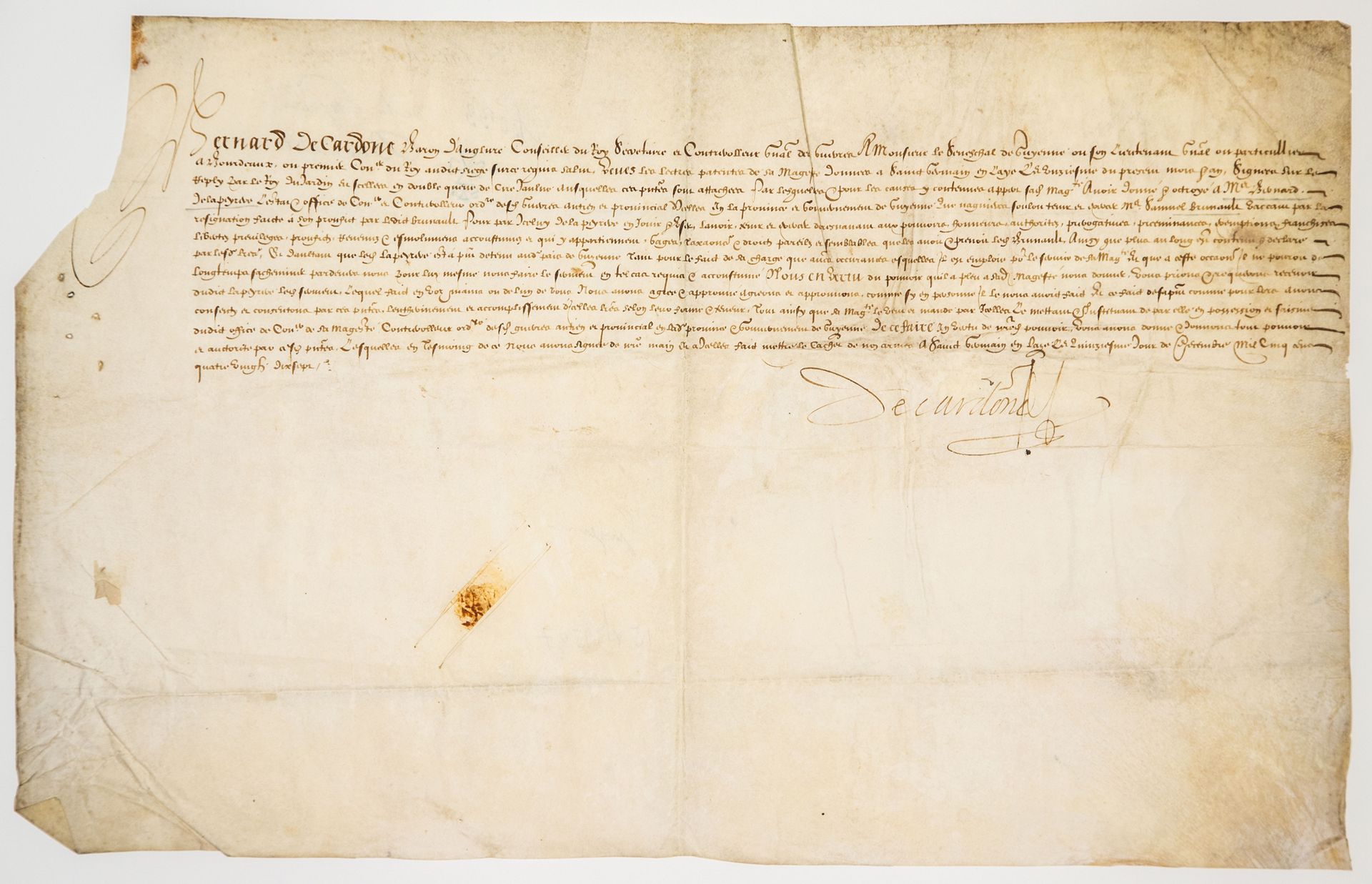 Null 古耶纳。1597.羊皮纸（30 x 47.5厘米），署名为Bernard de CARDONE，Anglure男爵，国王的顾问秘书和战争总监。国王授予&hellip;