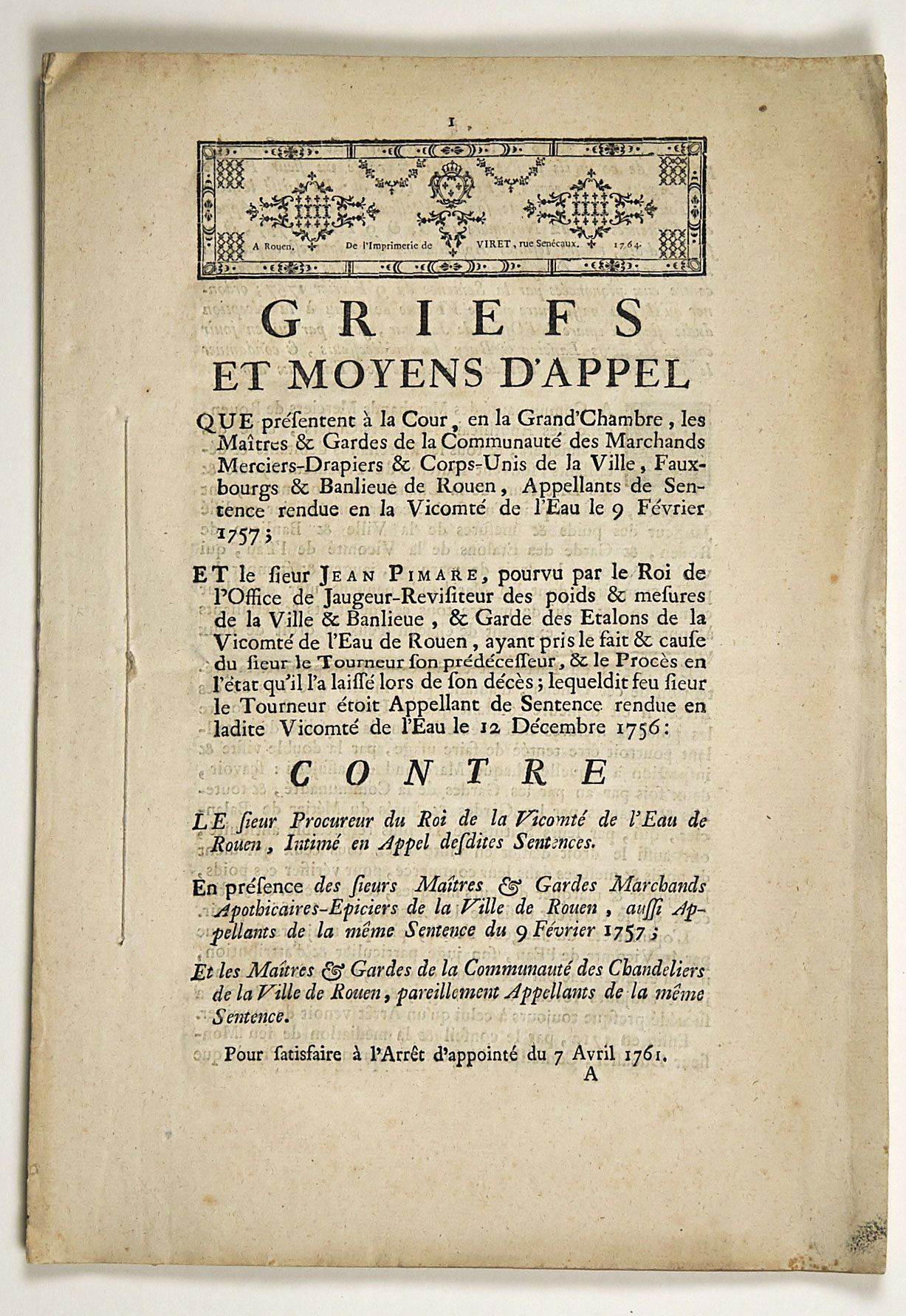 Null VICOMTÉ DE L'EAU de ROUEN (76) 审判摘要。"1757年2月9日在Water子爵区作出的判决的上诉人Merciers-Dr&hellip;