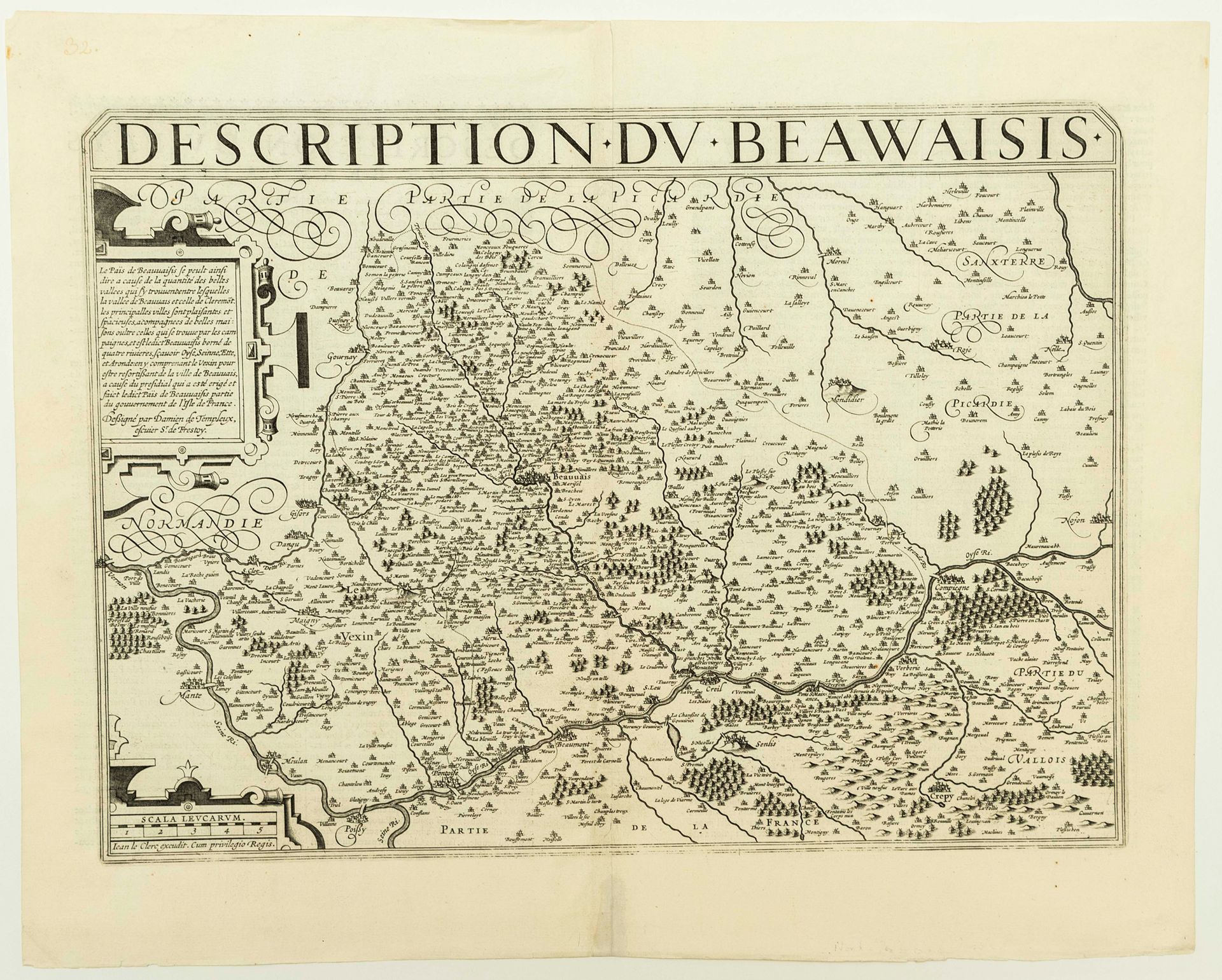 Null XVIIth MAP of OISE: "DESCRIPTION DU BEAUVAISIS" Jean LE CLERC excudit. (Pon&hellip;