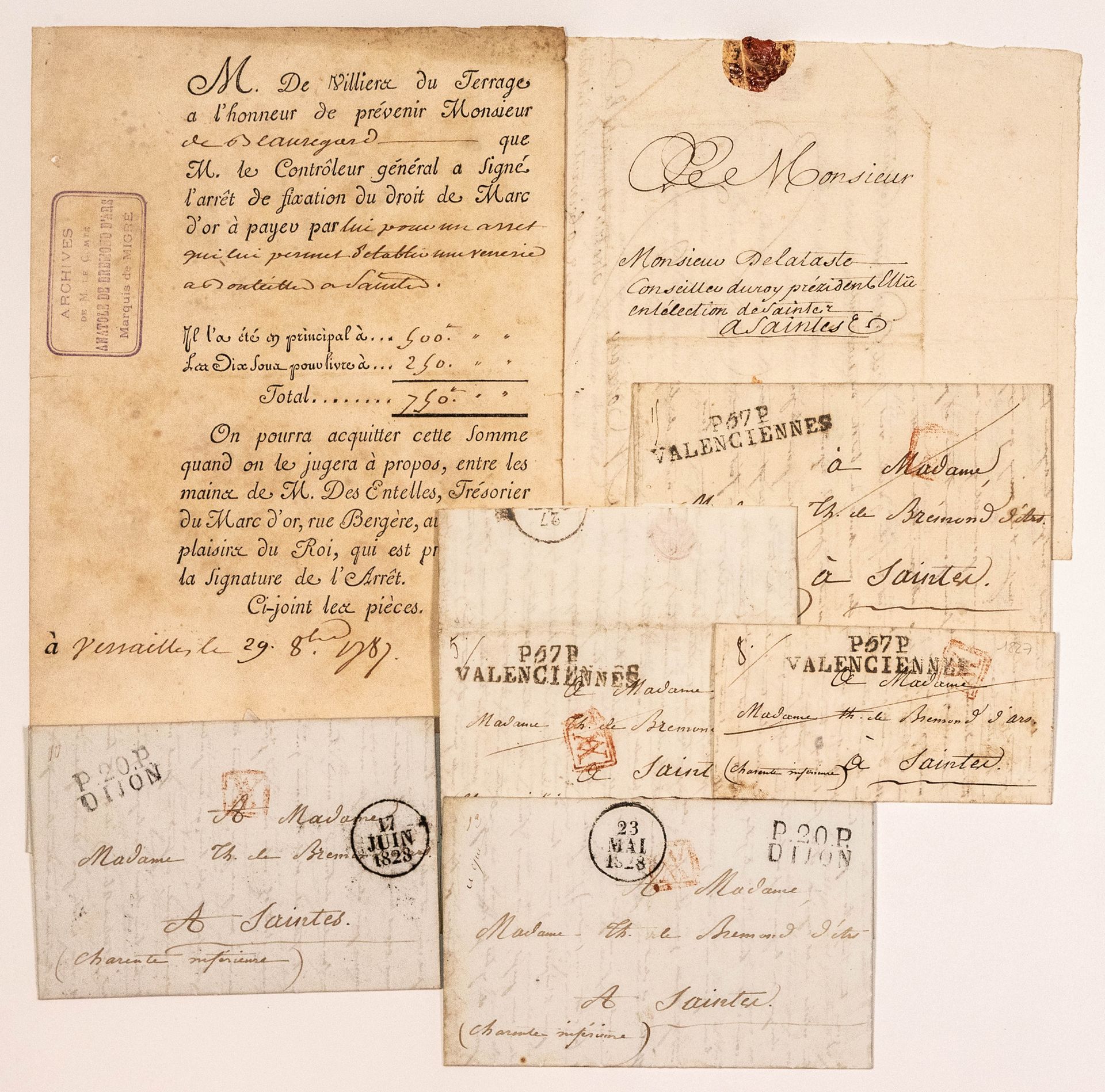 Null 滨海夏朗德省。BRÉMOND D'ARS.5封泰奥菲勒-德-布莱蒙-达尔斯将军（1787-1875）的亲笔信，1826年至1828年间在桑特（17）写&hellip;