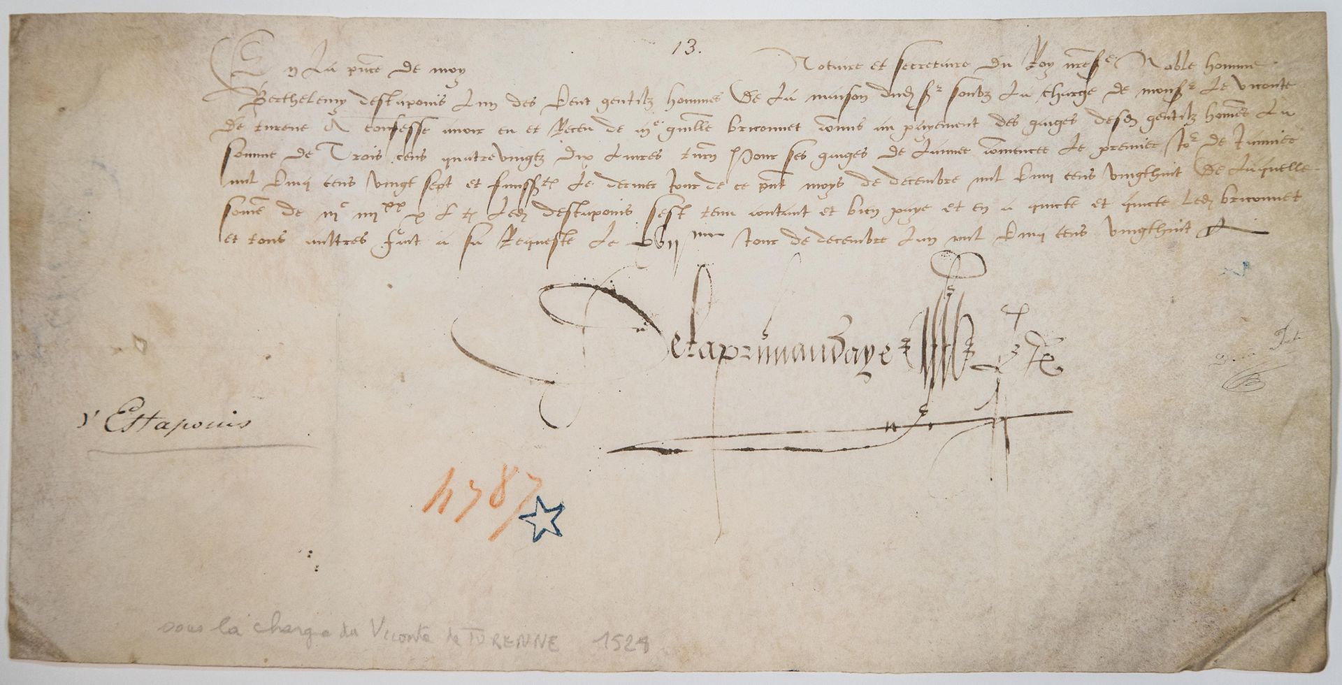 Null Turenne的军队。1528.巴泰勒米-埃斯塔普瓦的工资收据，他是国王（我们的陛下）家中的百名绅士之一，由图伦内子爵负责。1528年12月17日签署&hellip;