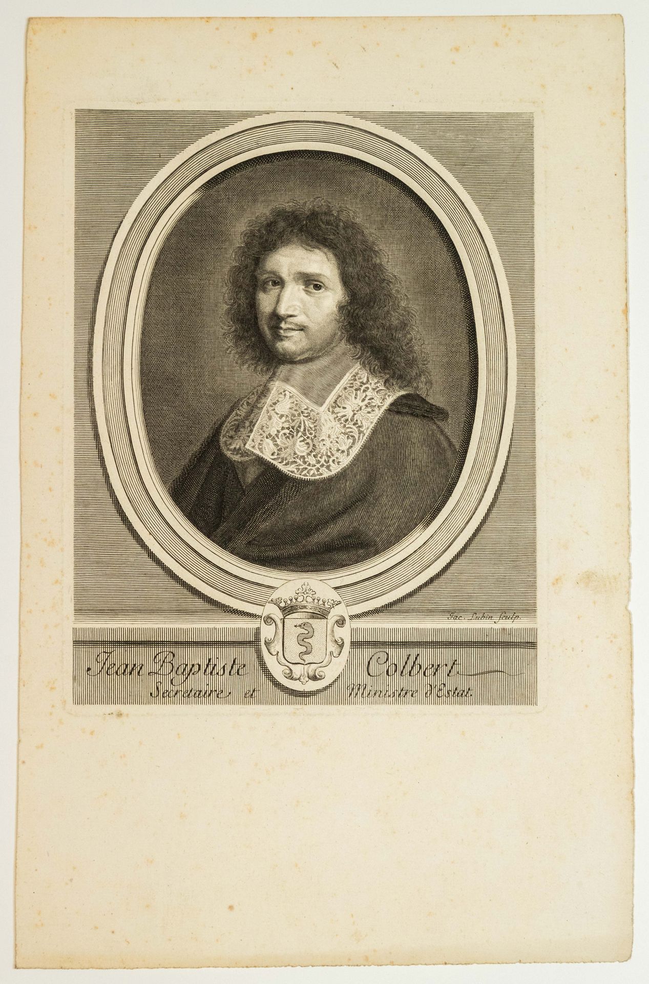 Null Jean Baptiste COLBERT 秘书和国务部长。(兰斯1619年-巴黎1683年)。刻有雅克-鲁宾的手臂的雕版。(39 x 25 cm)