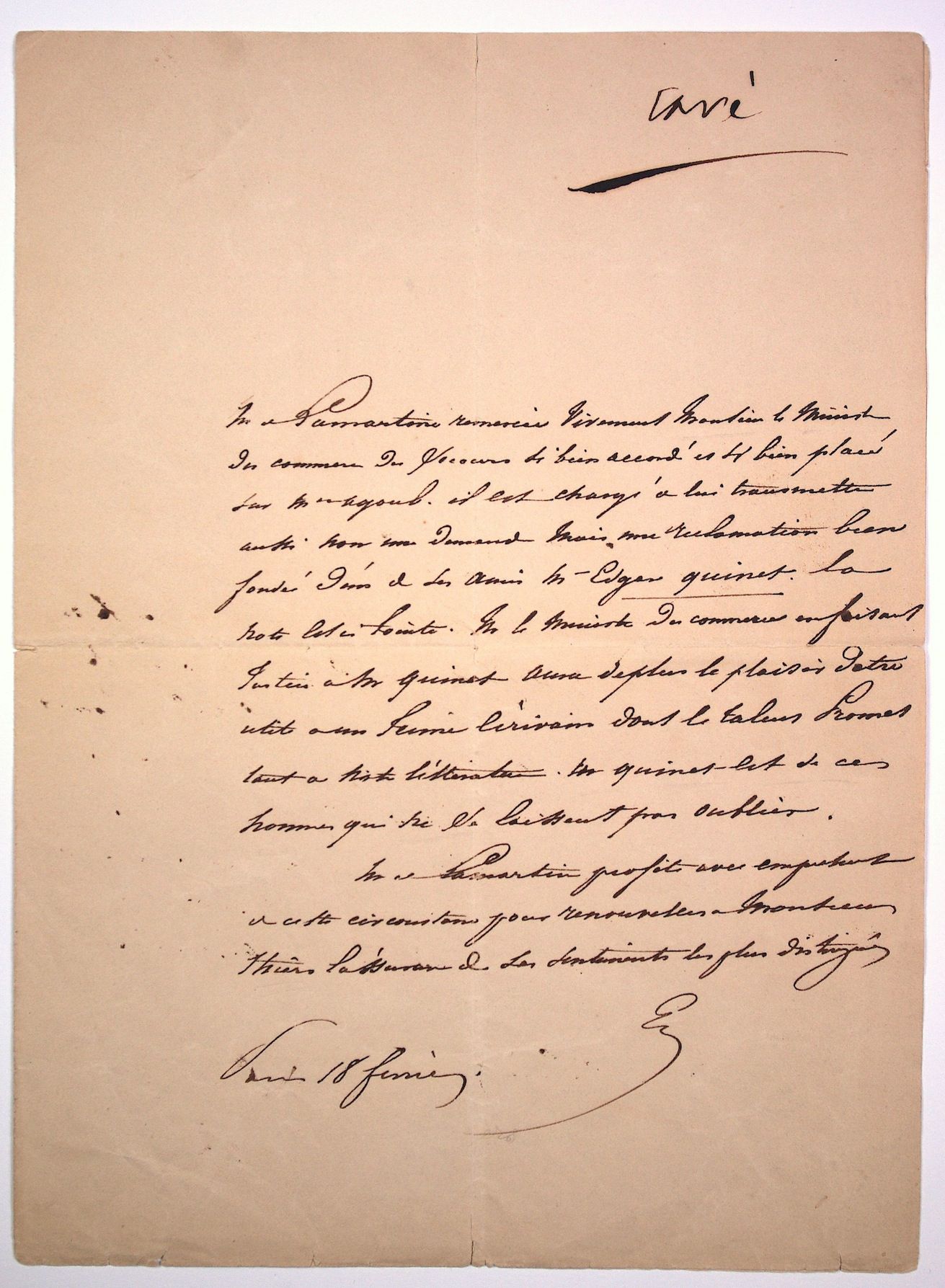 Null 拉马汀在《泰晤士报》上称赞埃德加-奎尼特。阿尔丰斯-德-拉马汀 诗人、小说家和政治家。(Mâcon 1790 - Paris 1869)。签名的亲笔信&hellip;
