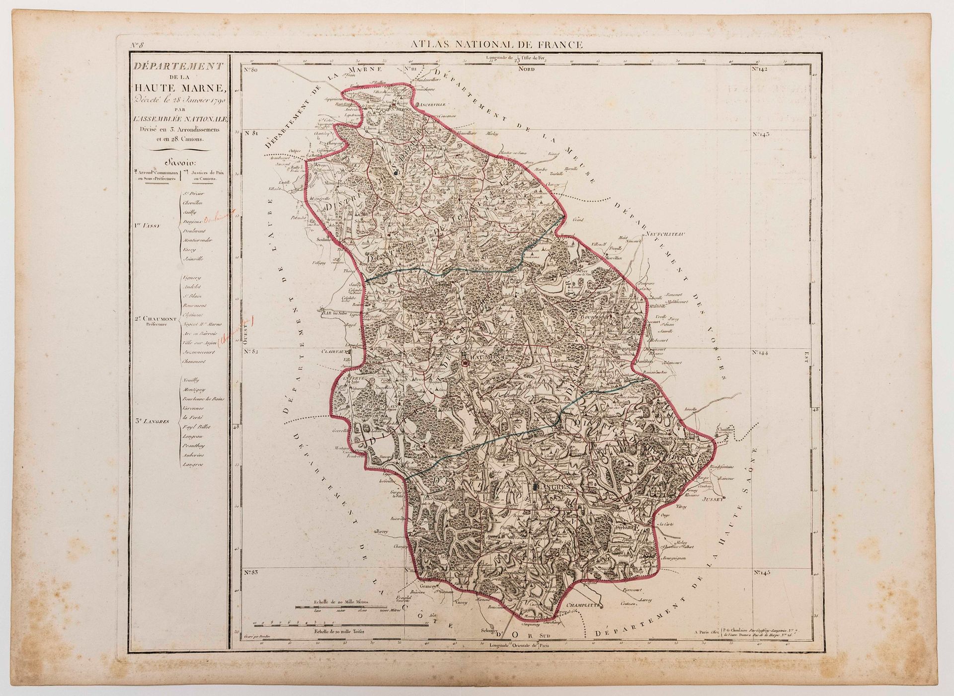 Null 豪特-马尔纳。HAUTE-MARNE省地图，1790年1月28日由国民议会颁布。法国国家地图集，以省为单位，1806年根据领土的新划分进行了修订和增加&hellip;