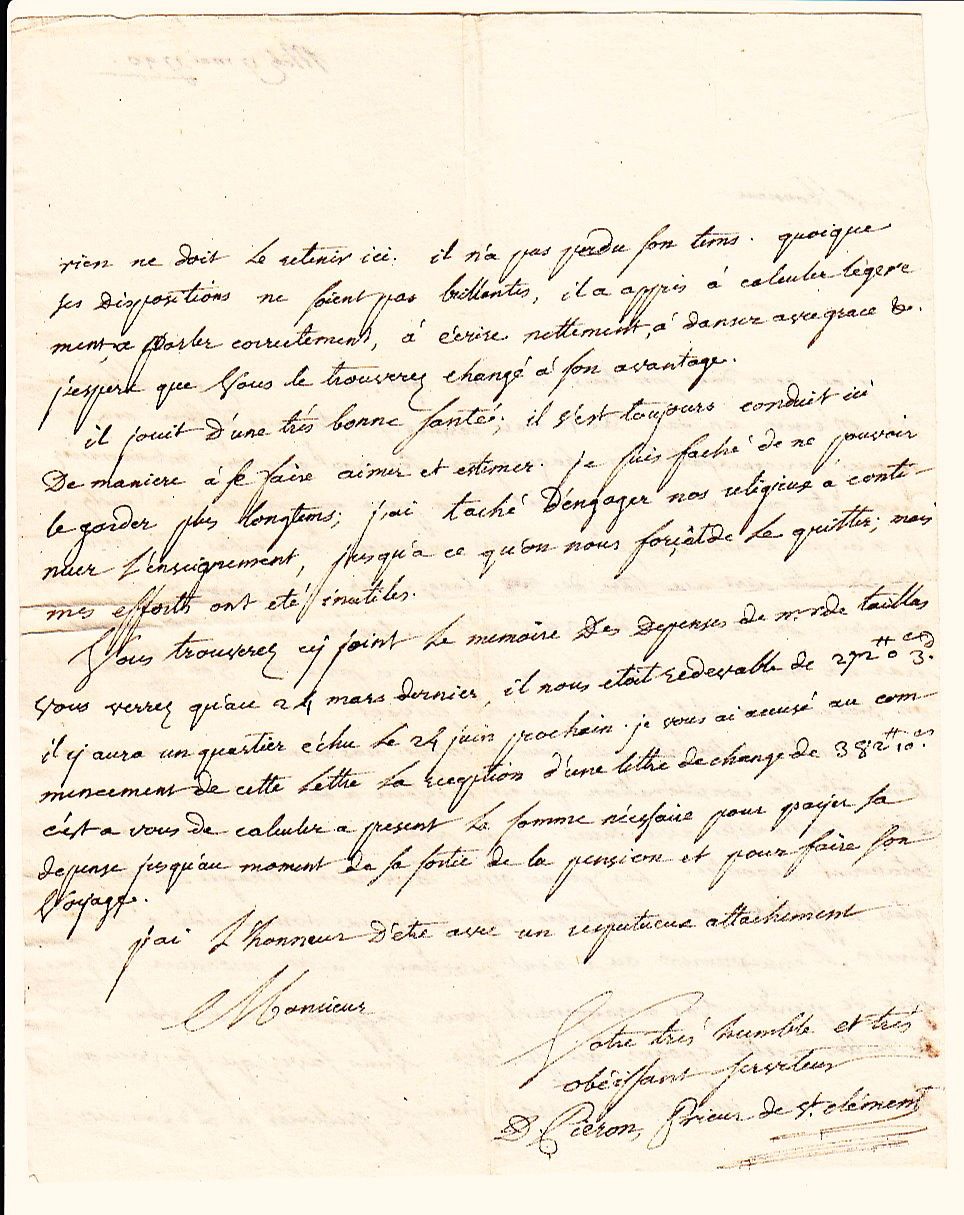 Null METZ (MOSELLE) May 17, 1790. Autograph letter signed PIERON Prior of ST CLÉ&hellip;