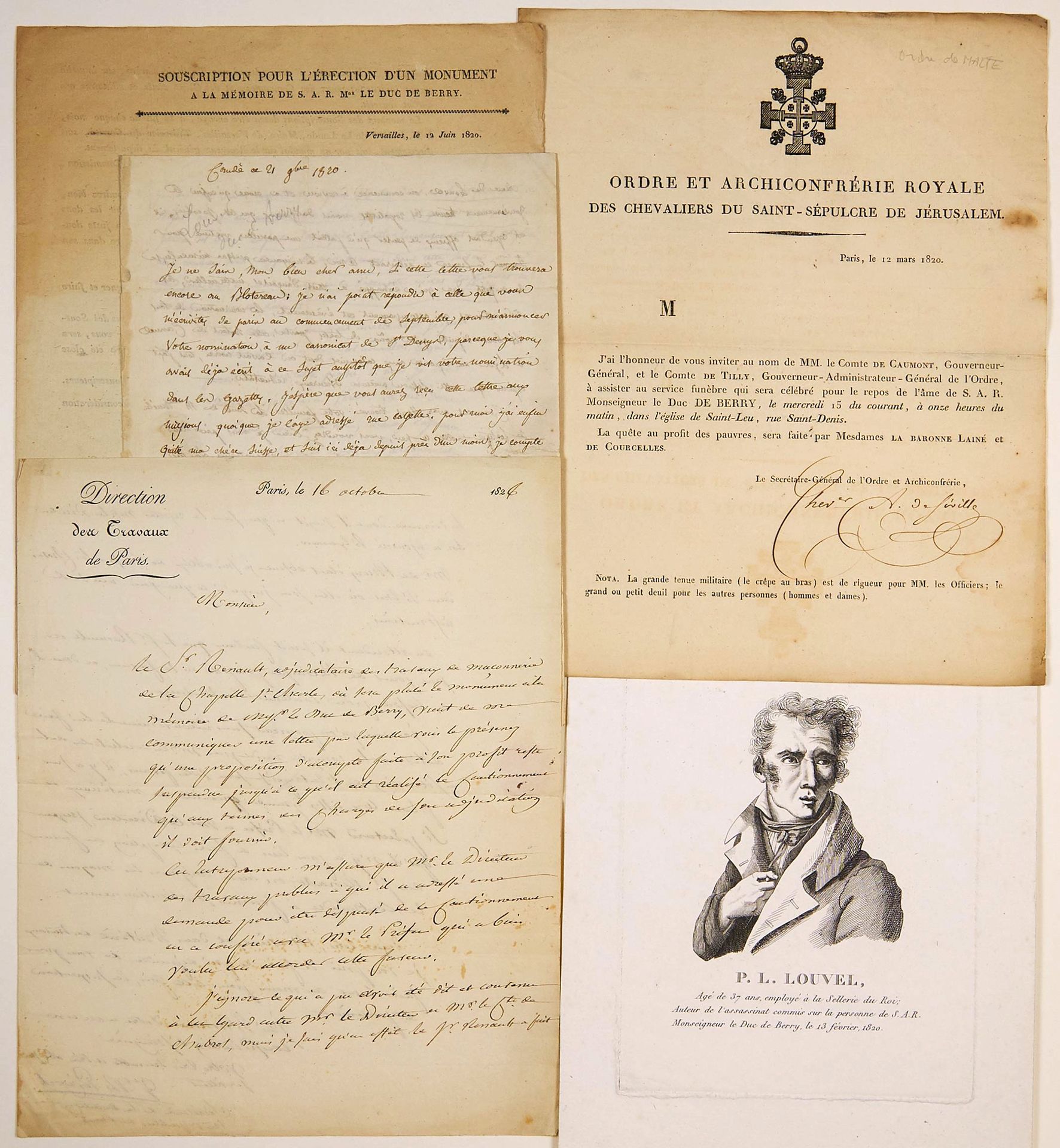 Null BERRY公爵之死 1820年：4封信和1幅雕刻：由耶路撒冷圣墓骑士团（马耳他骑士团）的皇家骑士团和大公会秘书长签署的信。1820年3月12日，巴黎。&hellip;