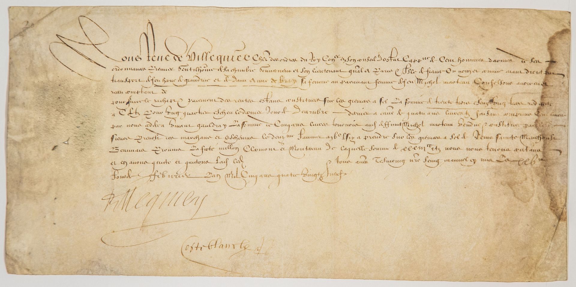 Null SALT LOFTS. 1588. Receipt signed "René de VILLEQUIER, Knight of the Orders &hellip;