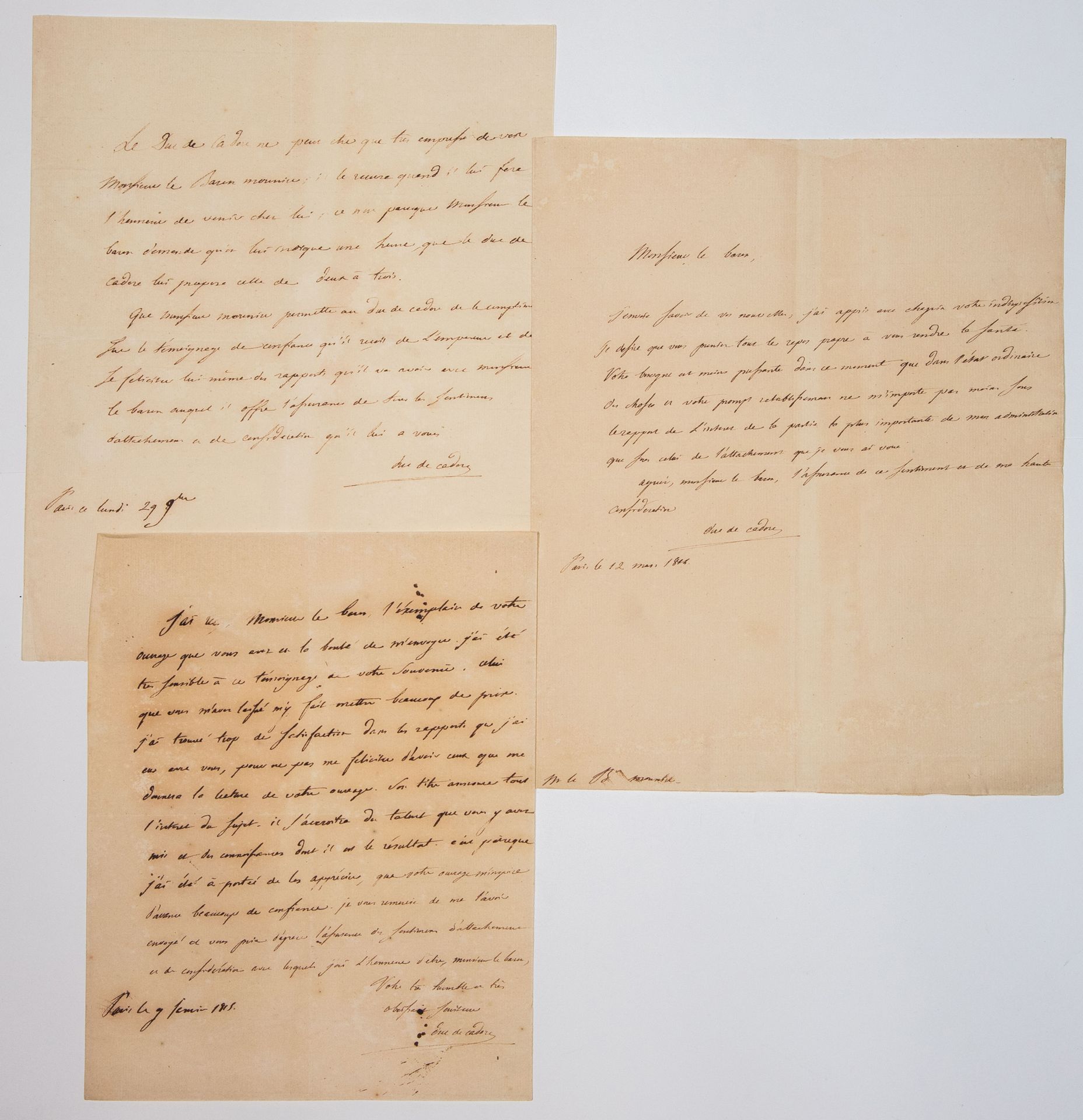 Null CHAMPAGNY, Herzog von CADORE. 3 eigenhändig unterschriebene Briefe an Baron&hellip;