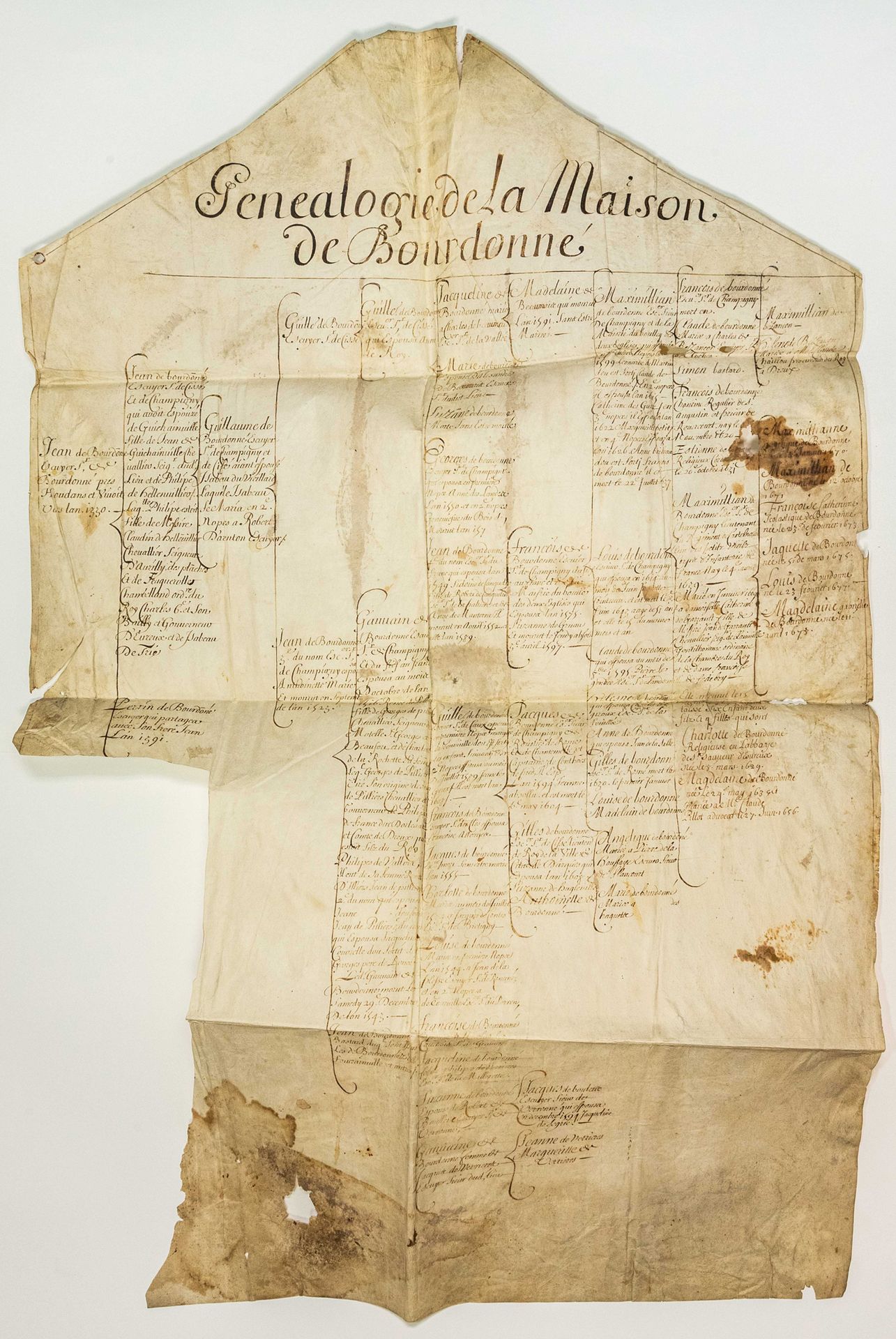 Null YVELINES。从1550年到1678年的 "BOURDONNÉ家族遗传图谱"，大型羊皮纸第十七期（84 x 54厘米），有些保存缺陷。"Jean &hellip;