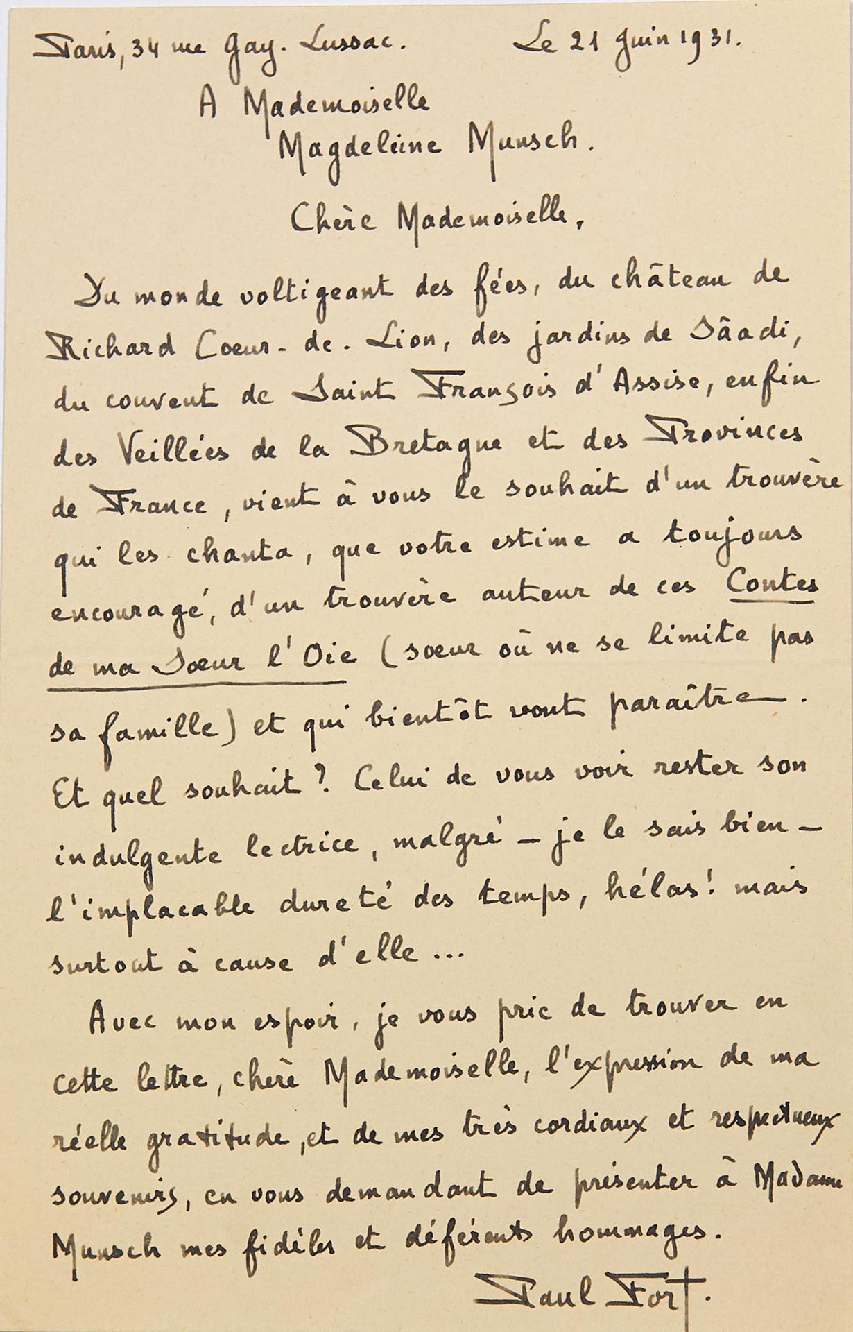 Paul FORT Poète (Reims 1872-1960) 美丽的签名亲笔信，充满诗意，致梅勒-蒙斯，巴黎，盖-吕萨克街34号，1931年6月21日。"&hellip;