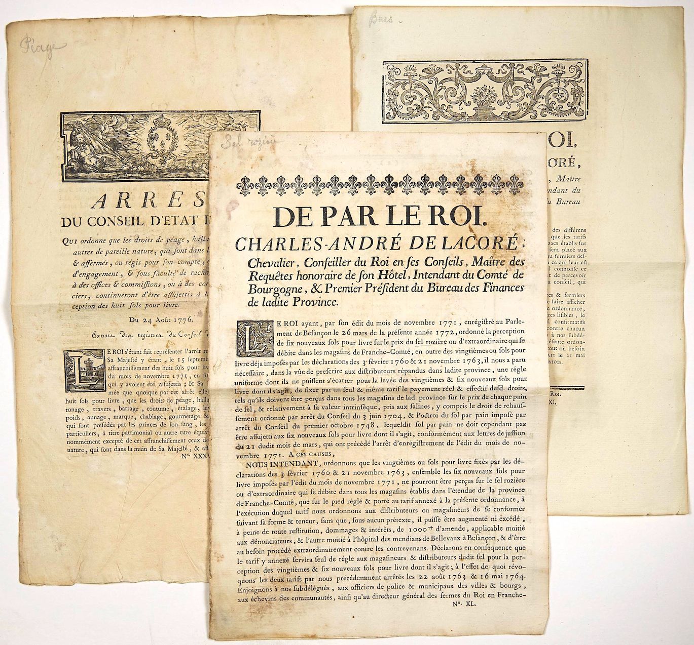 Null BOURGOGNE. 3 Printed matter: (DROIT DE BACS) "De Par le Roi", Ordonnance de&hellip;