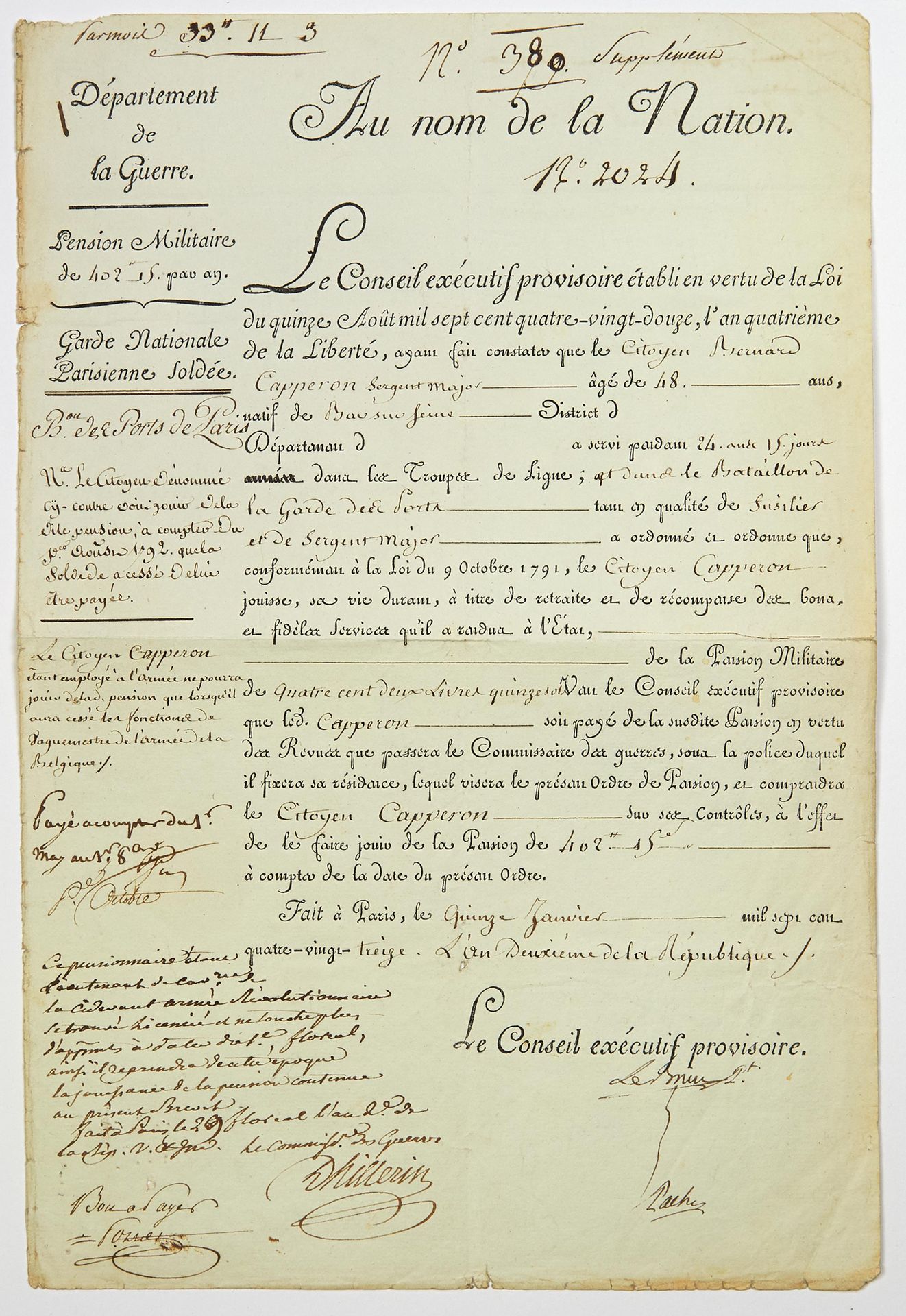 Null "巴黎港口局"。Garde nationale parisienne soldée"。签名：LEBRUN-TONDU主席和PACHE，临时执行委员会成&hellip;