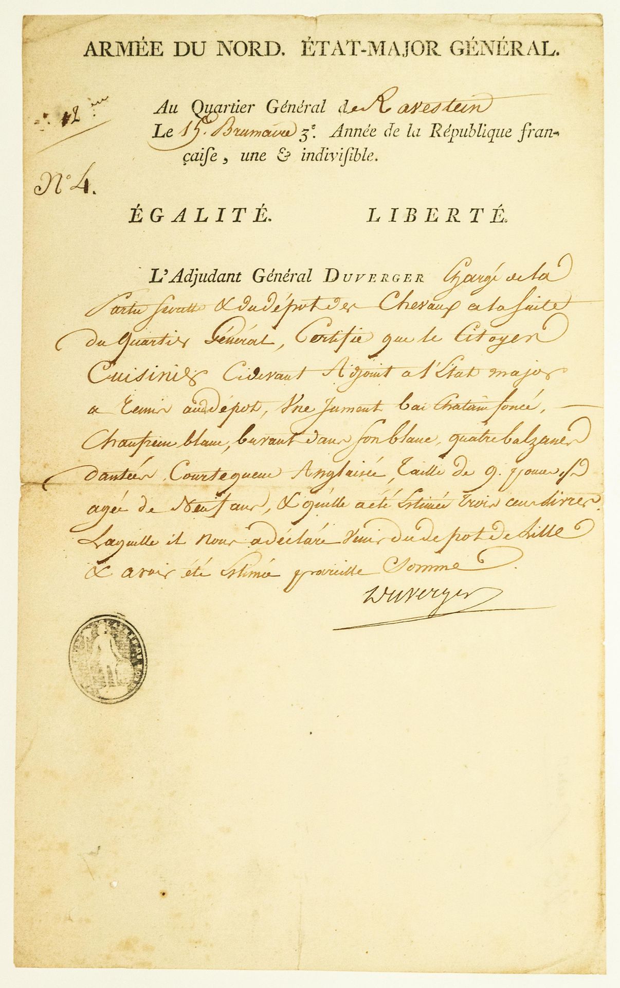 Null NORTHERN ARMY. Certificate signed by General Alexis-Jean-Henri DUVERGER (Ét&hellip;