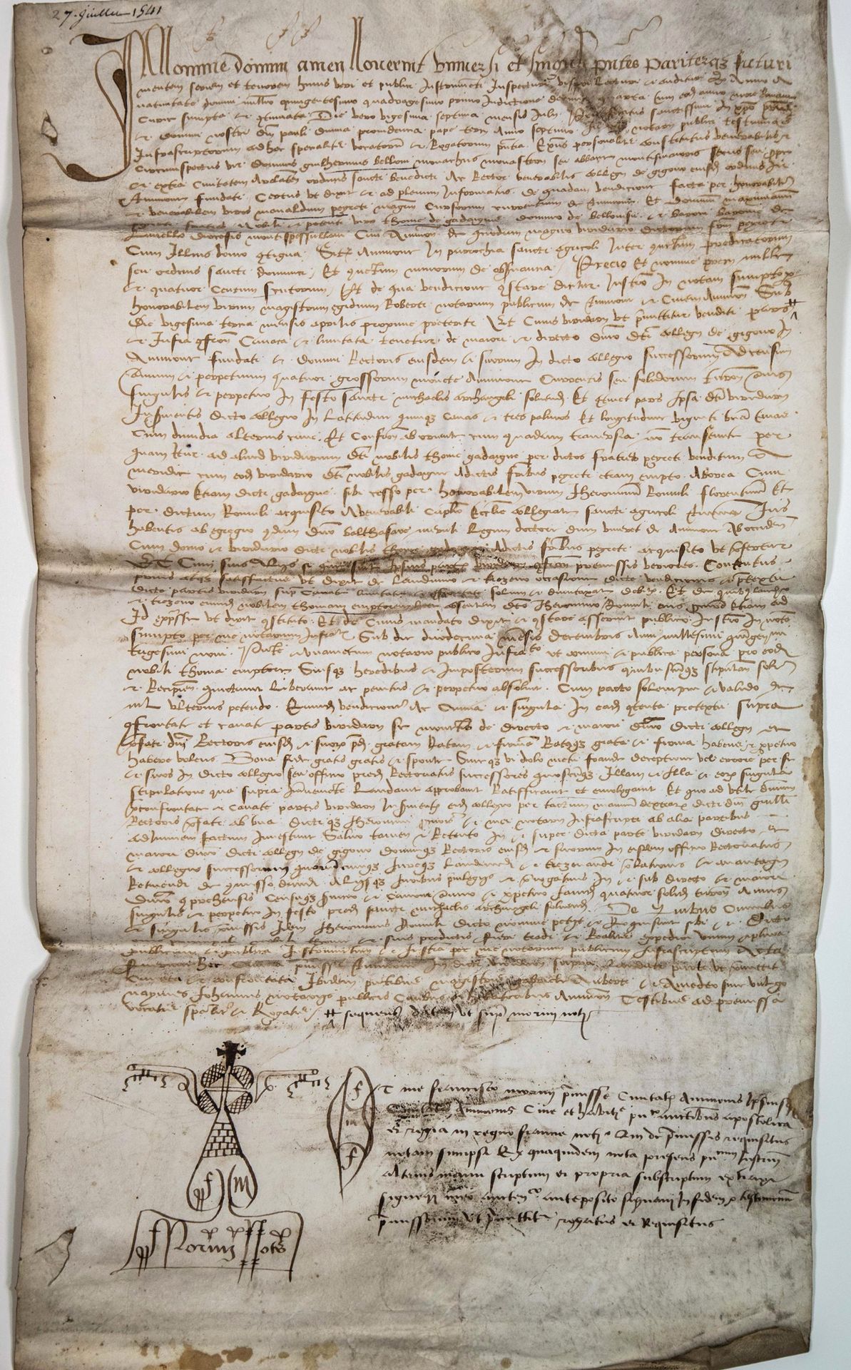 Null LANGUEDOC.1541.羊皮纸文件（27 x 50厘米），用拉丁文书写。AVIGNON（84），1541年7月27日。吉古学院院长纪尧姆-贝洛尼&hellip;