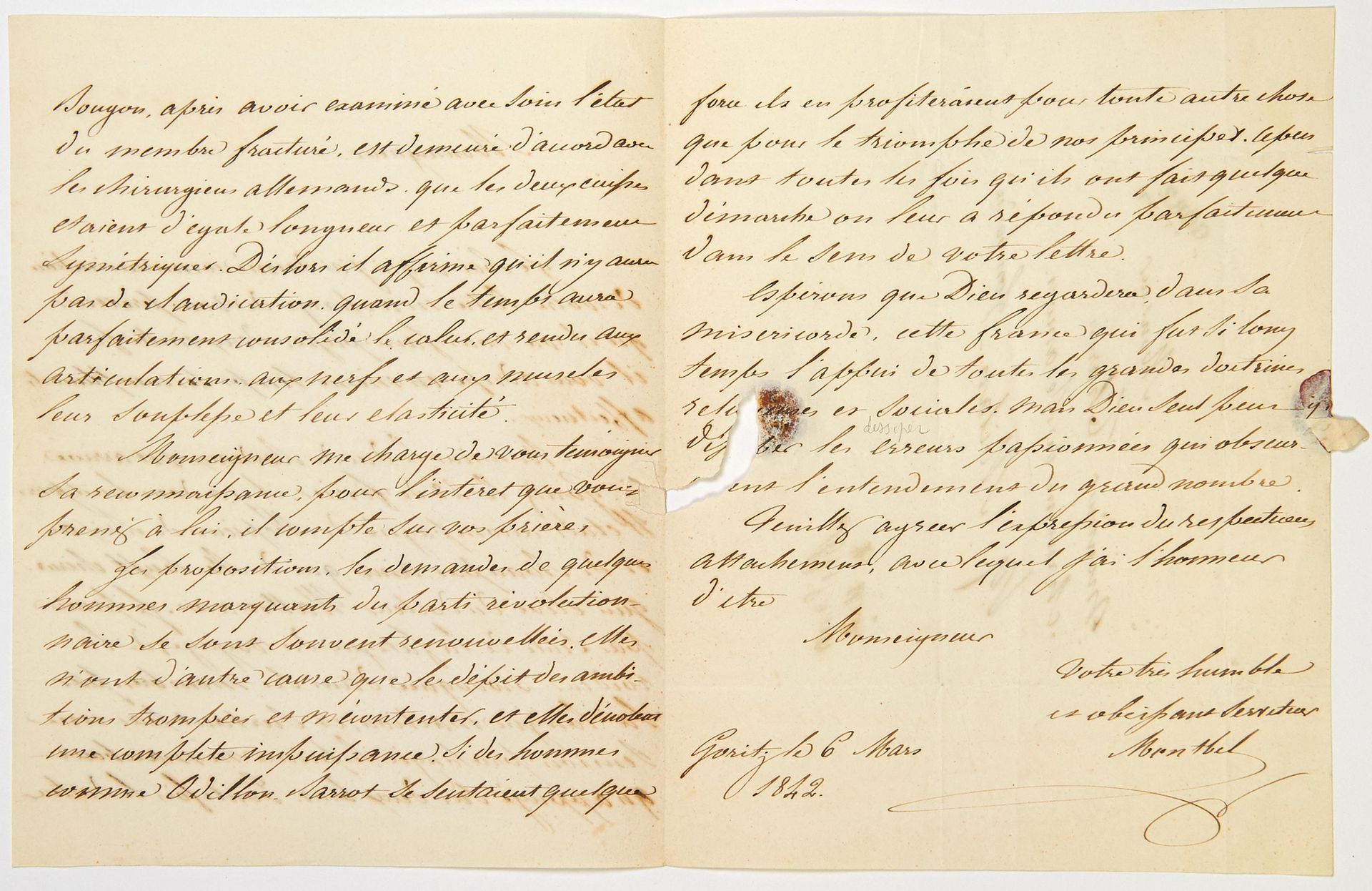 HENRI V, LE DUC DE BORDEAUX, EN EXIL. 1842. Carta autógrafa firmada MONTBEL (Gui&hellip;