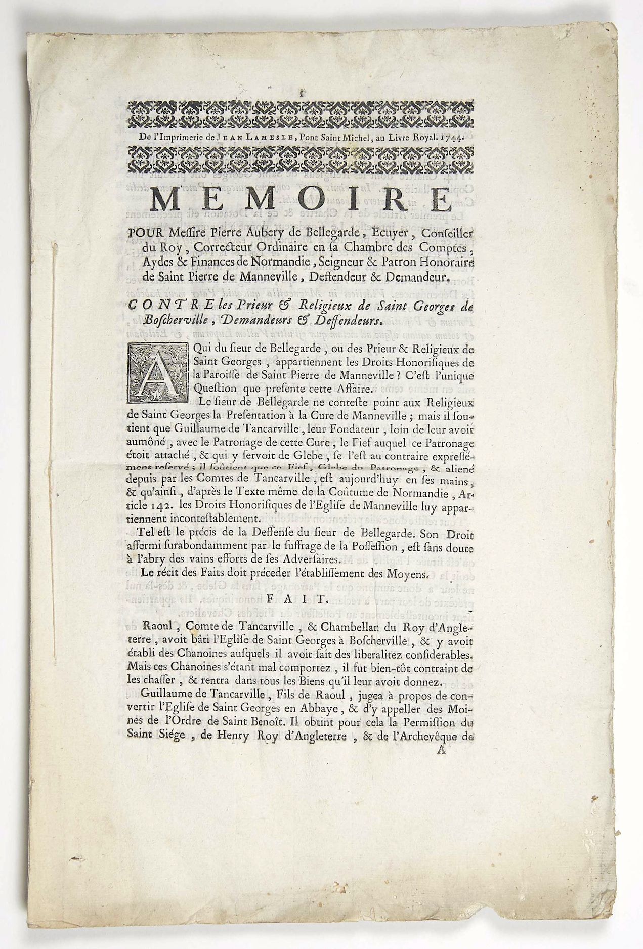 Null SEINE MARITIME. 1744. SAINT PIERRE DE MANNEVILLE (76). PROCÈS. «Mémoire pou&hellip;