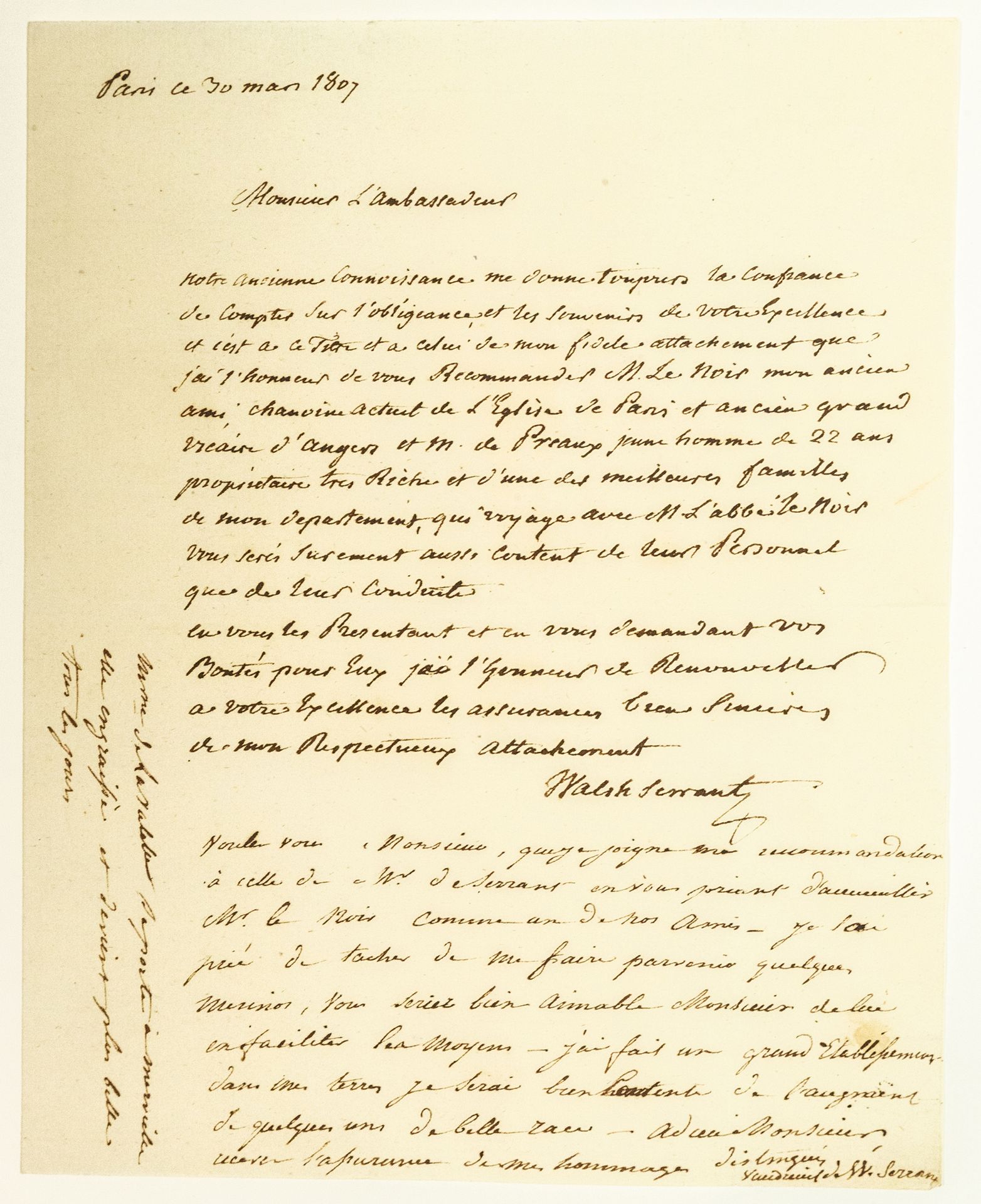 Null 马伊-埃-卢瓦尔WALSH de SERRANT家族。Antoine WALSH DE SERRANT的亲笔信，1页小四开，巴黎，1807年3月30日&hellip;