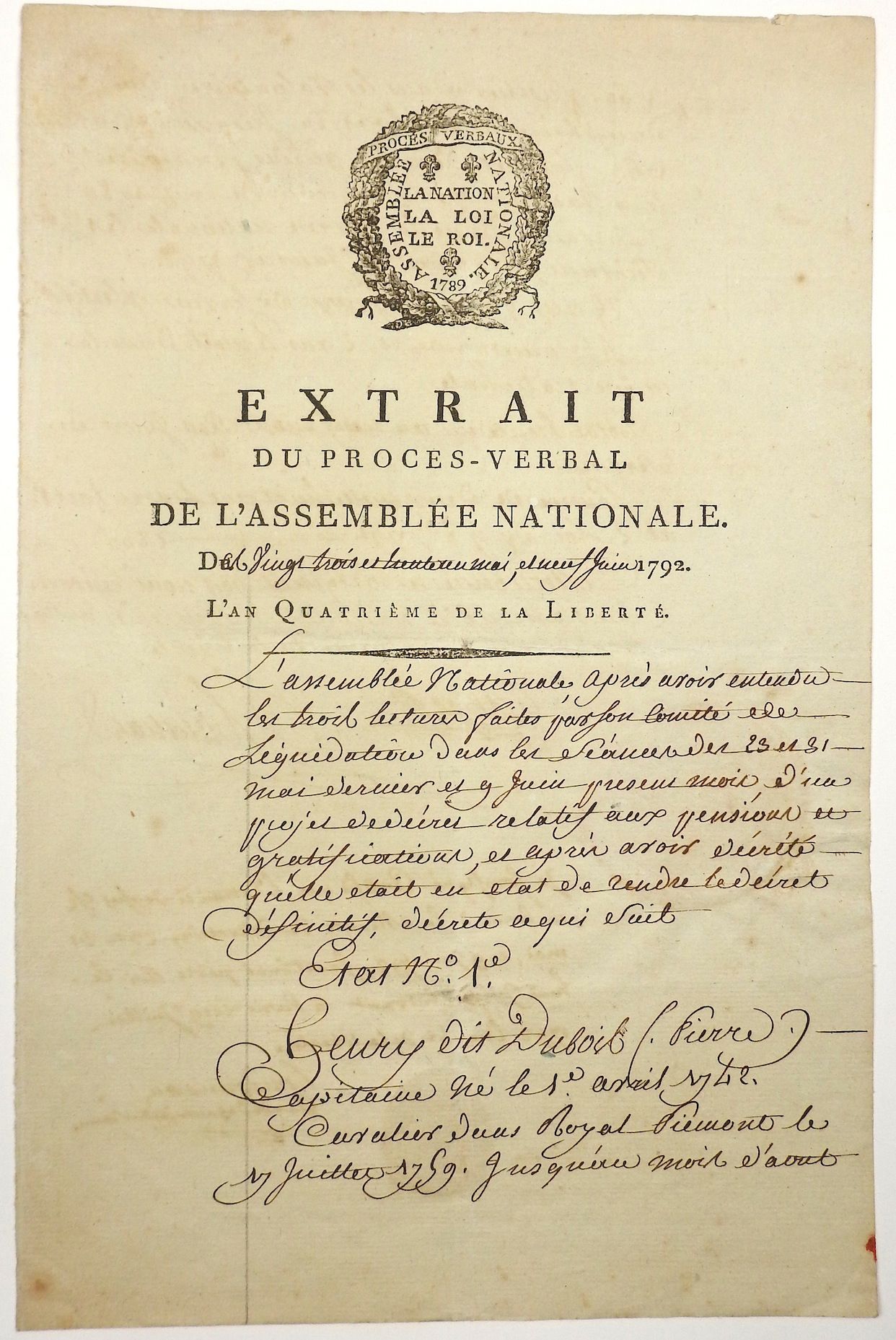 TRONCHON (Nicolas-Charles) OISE的代表（1759 - 1828）"1792年5月23日和30日及6月9日的国民大会记录摘录..."&hellip;