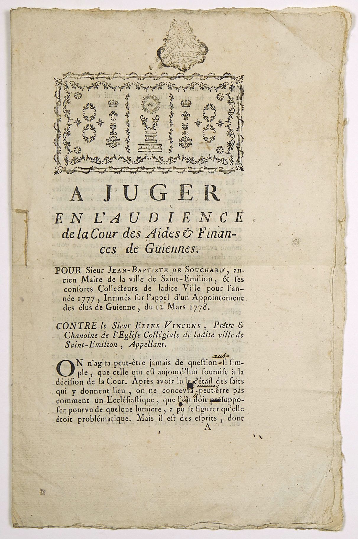 Null GIRONDE. SAINT-ÉMILION. 1778. MEMORANDUM del Juicio impreso en Pierre PHILL&hellip;