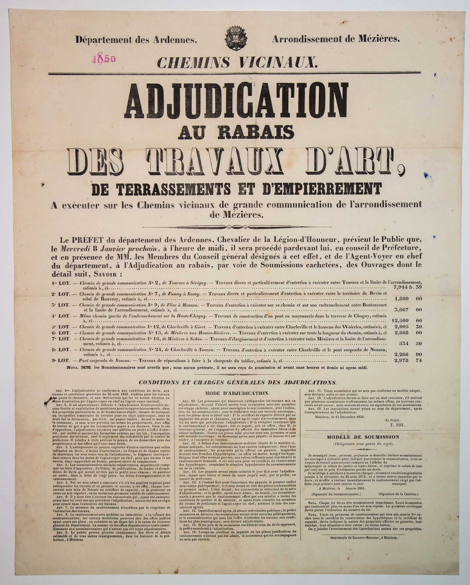 Null ARDENNES. 1850. Arrondissement de MÉZIÈRES. CHEMINS VICINAUX: 1°) Adjudicat&hellip;