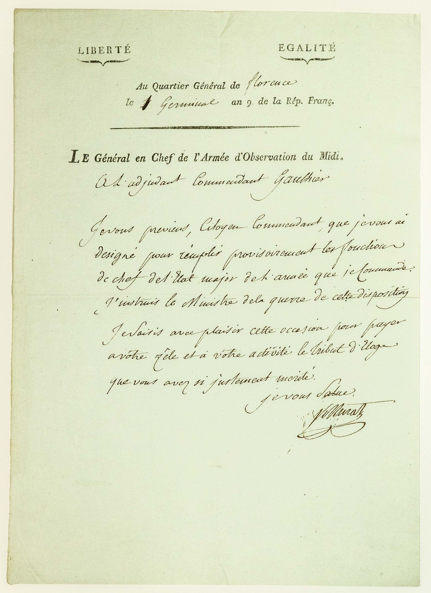 Joachim MURAT Maréchal d'Empire. Lettre privée signée MURAT Général en Chef de l&hellip;