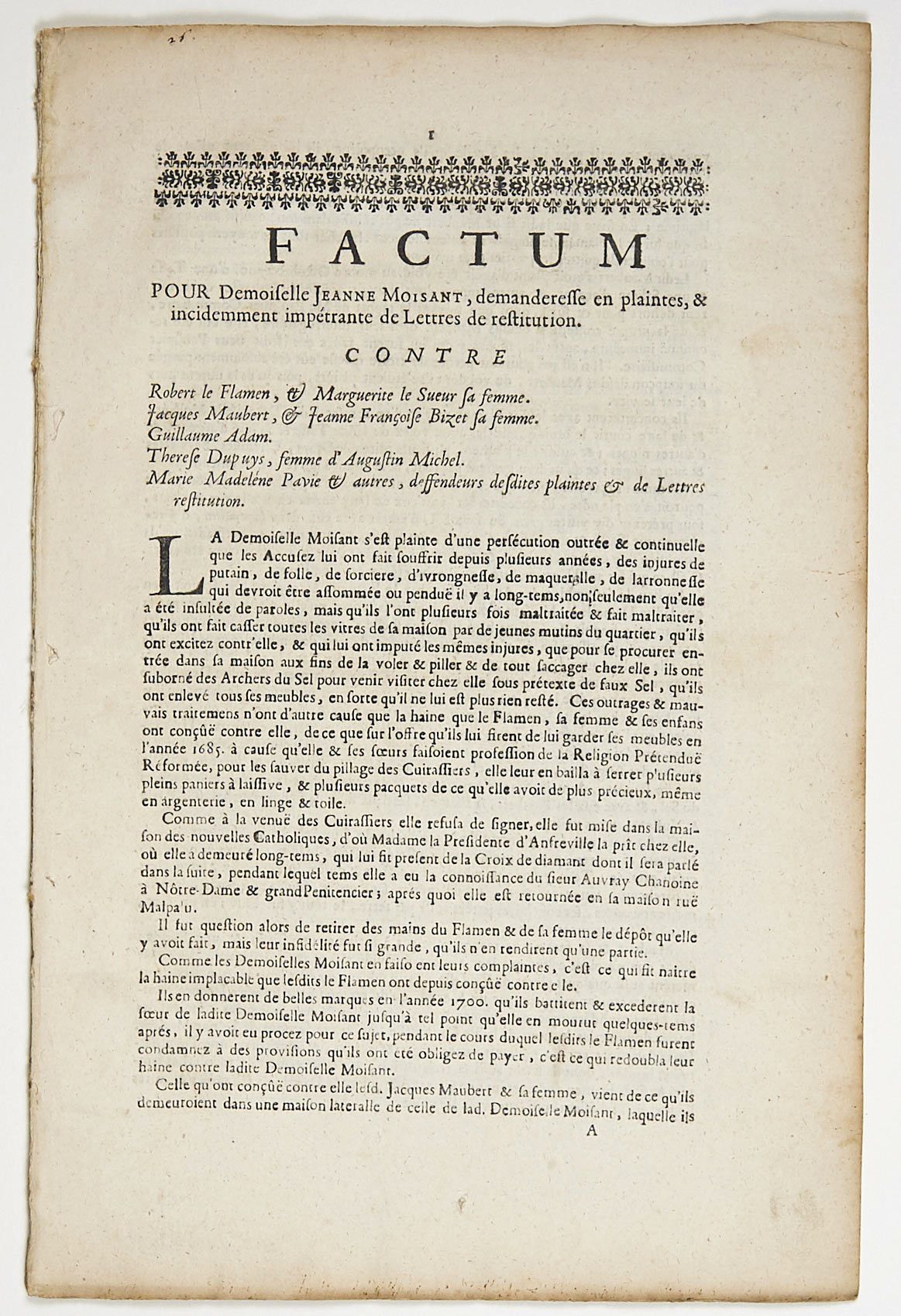Null 罗马尼亚议会。对妇女的惩罚，大约在1717年："Demiselle Jeanne MOISANT的资料，投诉中的原告，并顺便推动了归还书。反对罗伯特-&hellip;