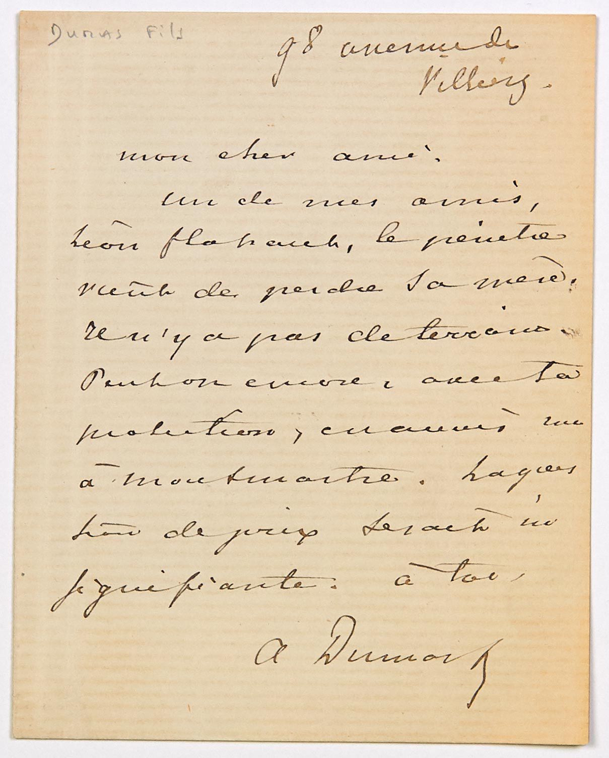 Alexandre DUMAS dit DUMAS Fils 作家（巴黎1824-1895）。签署的亲笔信 "A.杜马"，德维利耶大道98号，12页内页1页："&hellip;