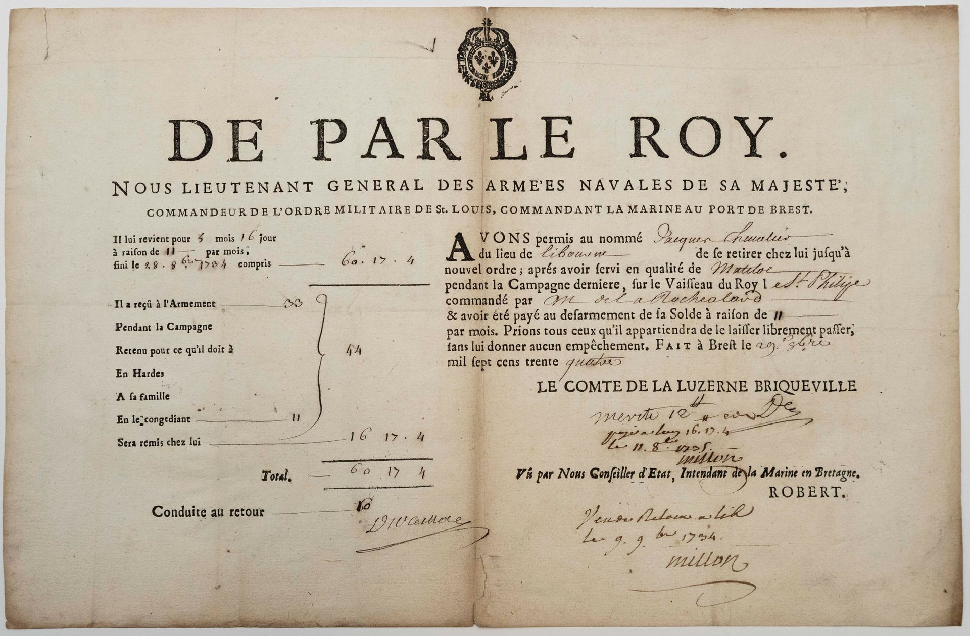 Null MARINE. BREST (29) 1734. “DE PAR LE ROY. Le Comte de La LUZERNE BRIQUEVILLE&hellip;