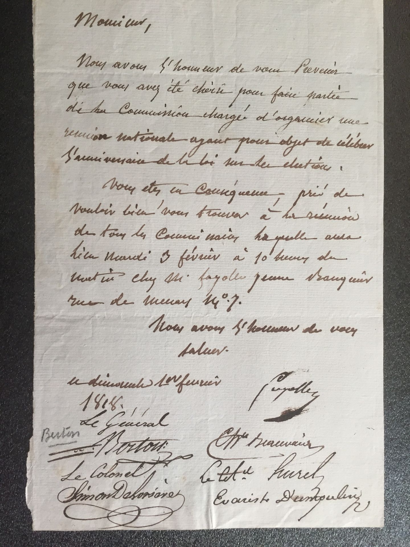Null BRETON Jean-Baptiste，又称BERTON，法国将军：1818年2月1日的LAS，由秘书亲笔签名（其中包括）：邀请参加国家法的全国纪念&hellip;