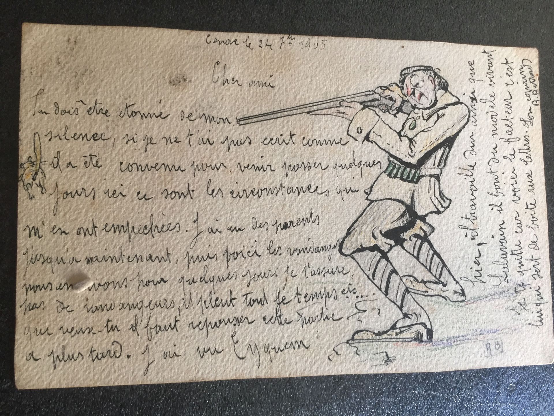 Null BUTHAUD René (1886-1986) 法国画家和陶艺家：1905年7月24日寄给Germain先生的明信片：友好的信，附有一幅表现猎人肩扛&hellip;