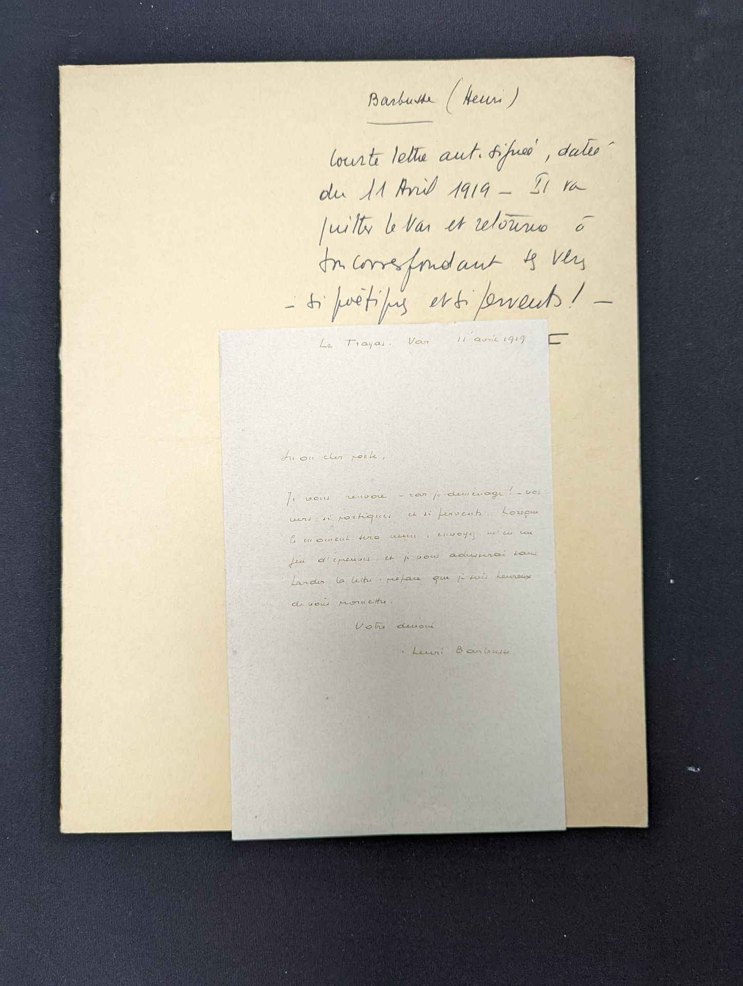 Null 巴尔博斯（亨利）。1919年4月11日的LAS，1页8页：他要离开瓦尔，并把他的诗句 "如此诗意，如此狂热！"还给了他的通信者。
