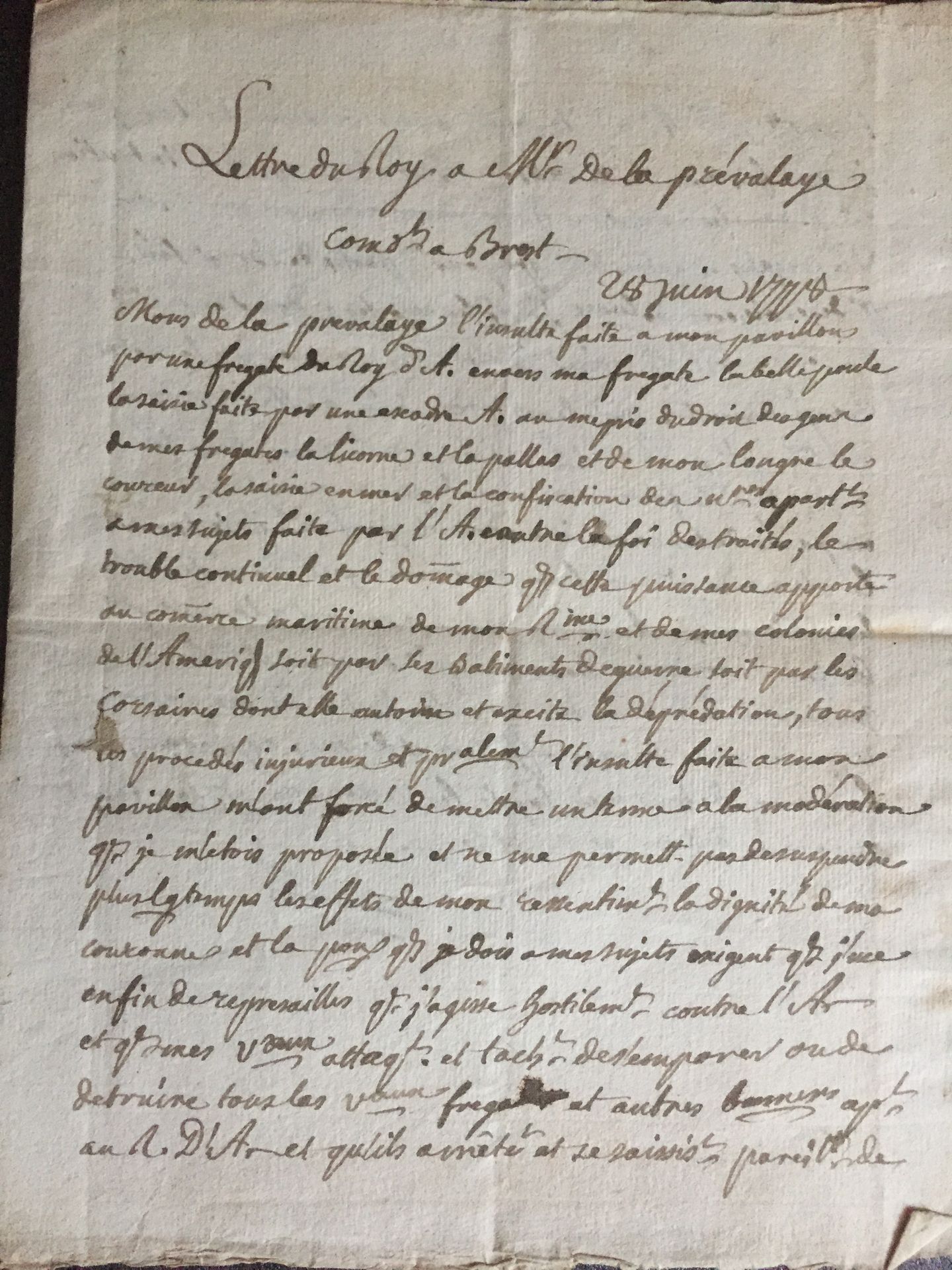 Null [MARINE] La BELLE POULE - Lettre du Roy à Mr de La Prévalaye. 28 juin 1778.&hellip;