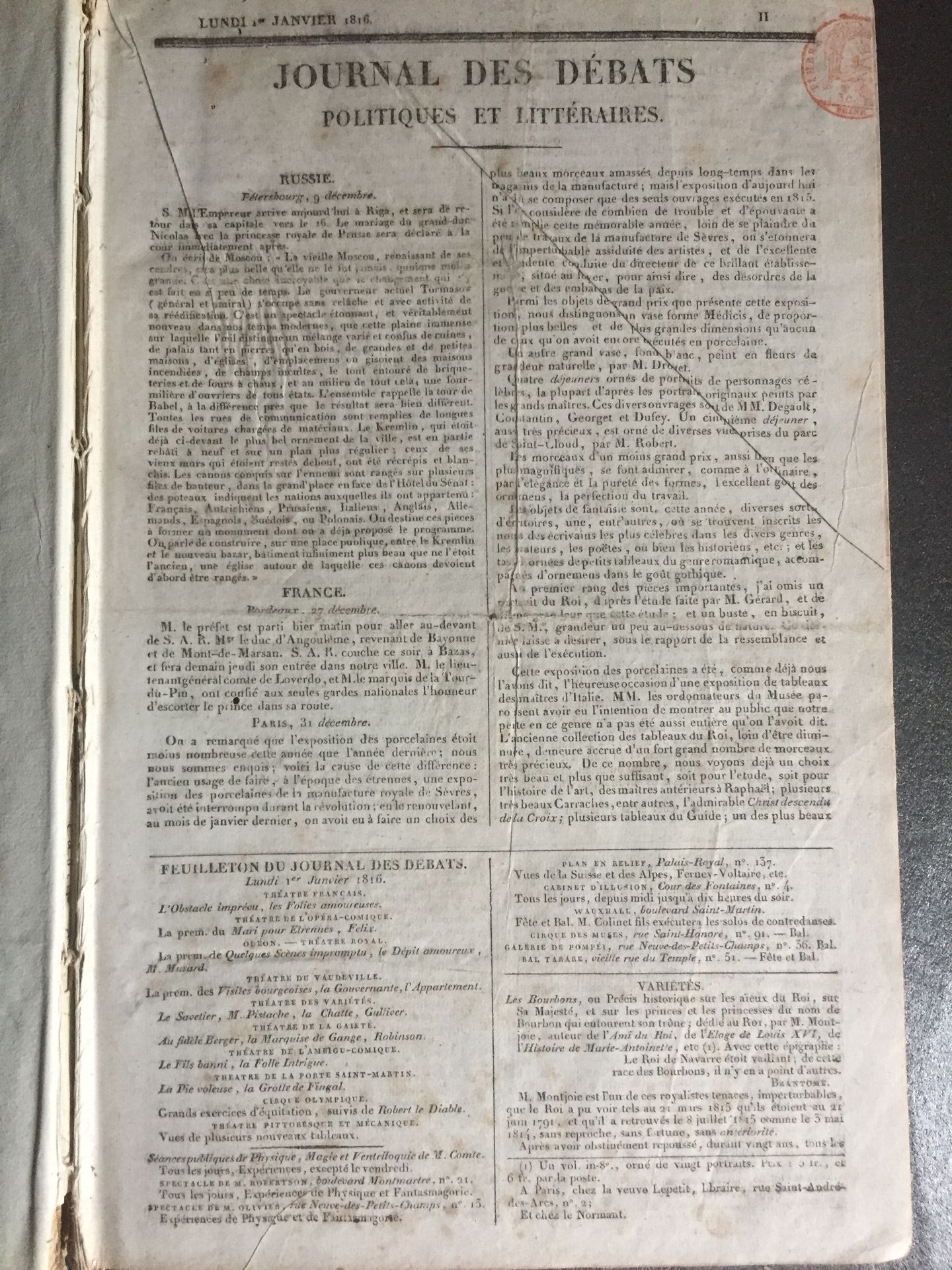 Null JOURNAL des DEBATS Politiques et Littéraire. Un volumen in-folio en tablero&hellip;