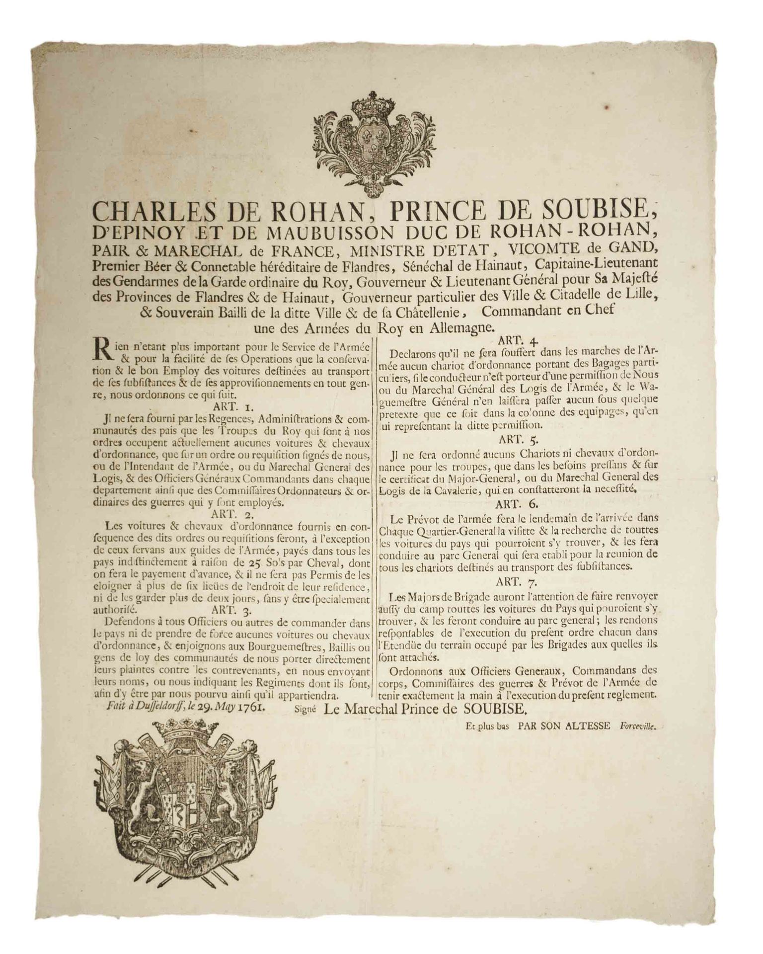 Null MARÉCHAL DE SOUBISE. 1761 - Arrêté du MARÉCHAL PRINCE DE SOUBISE Commandant&hellip;