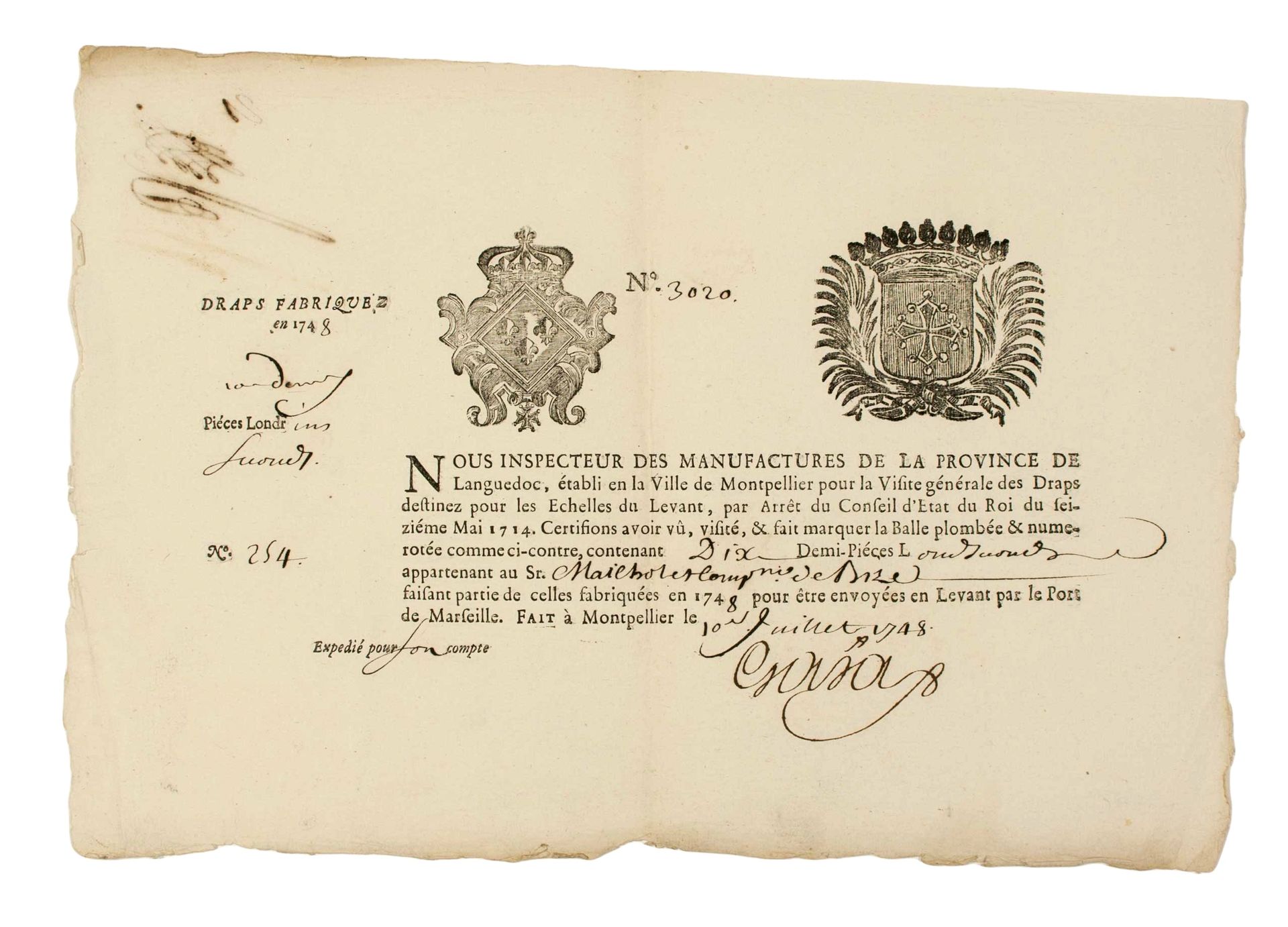 Null HÉRAULT. DOUANE. 1748. Pièce signée de l’Inspecteur des Manufactures de la &hellip;