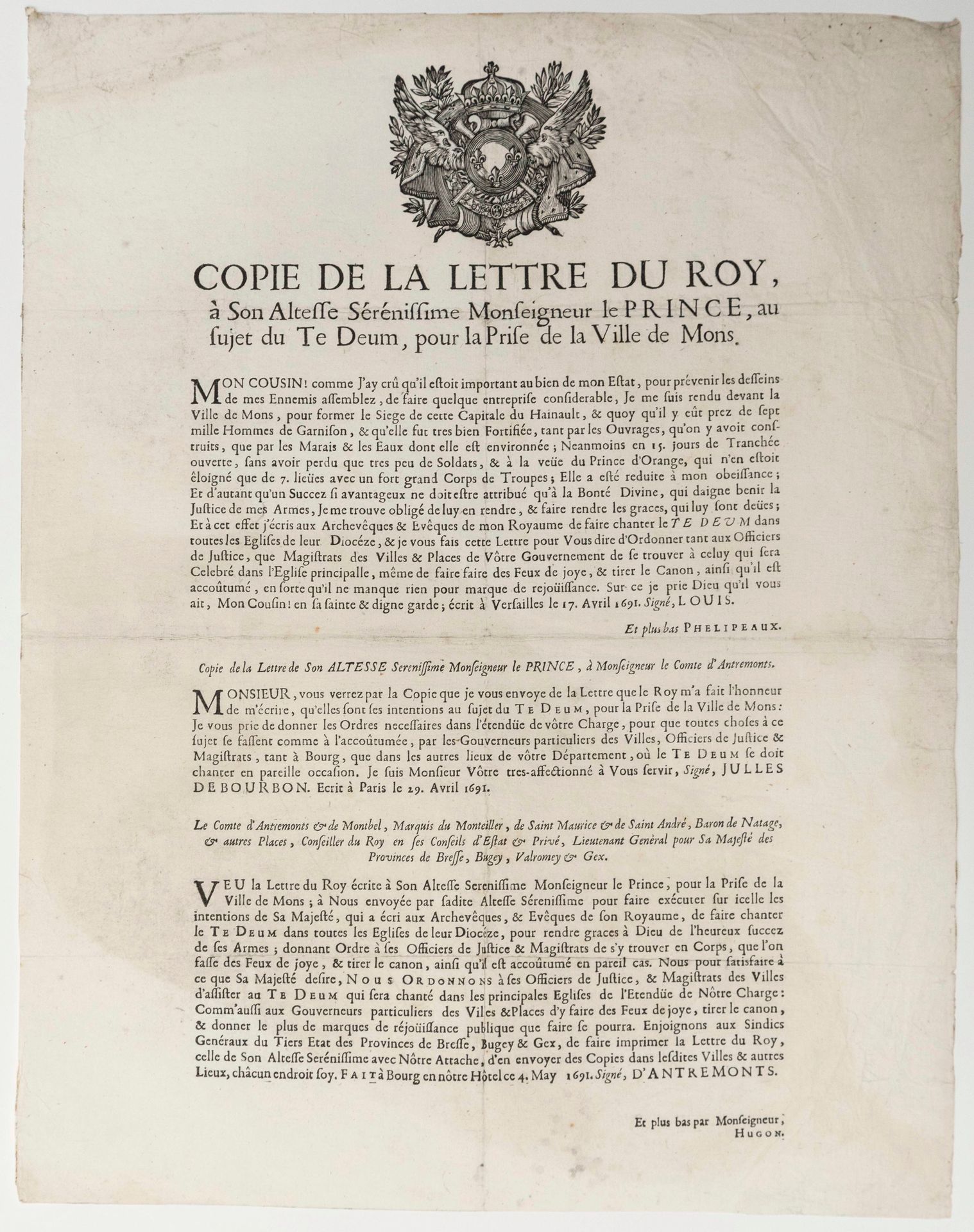 Null SIÈGE DE MONS 1691 (Belgique actuelle). AIN - Copie de la Lettre du Roy LOU&hellip;