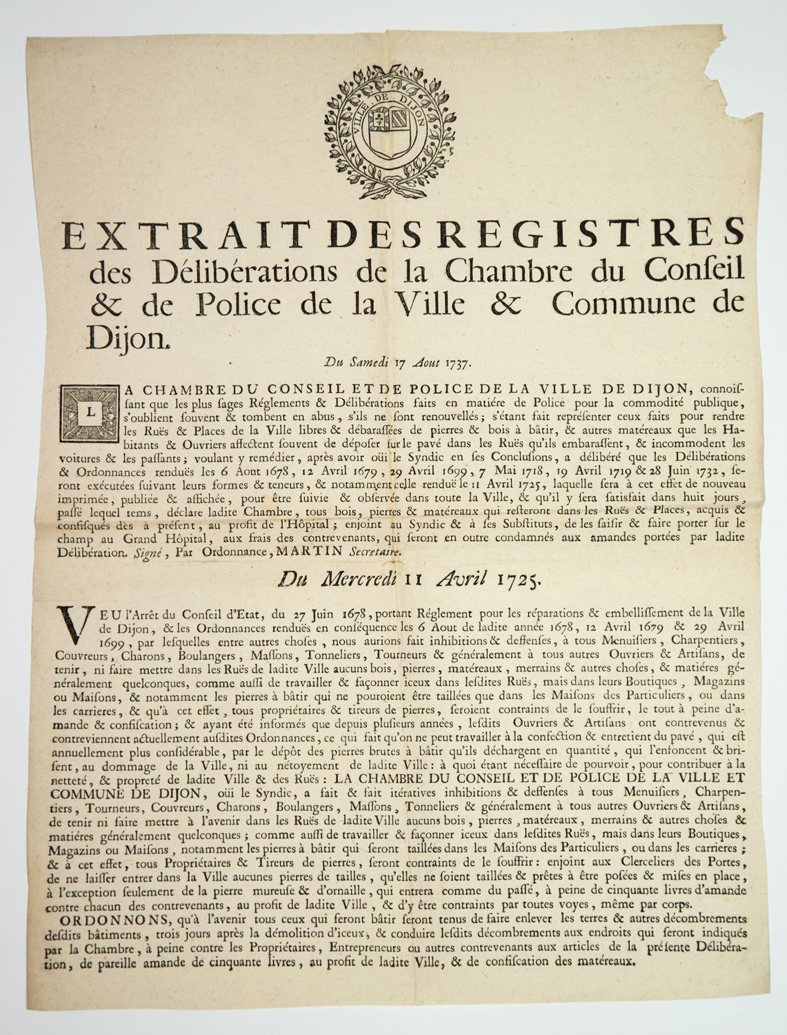 Null CÔTE-D’OR. 1737. DIJON. Extrait des Registres des délibérations de la Chamb&hellip;