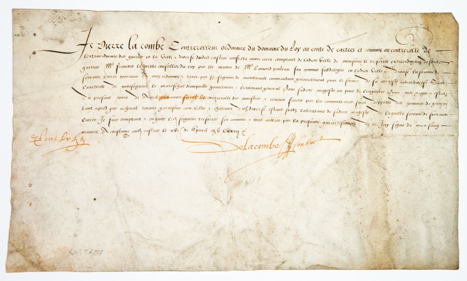 Null TARN. 1573. CASTRES 21 Avril 1573. Quittance signée « Pierre LA COMBE Contr&hellip;