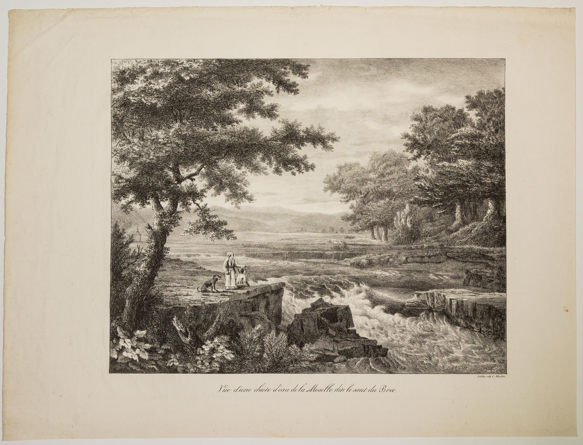 Null 22 - 莫泽尔。摩泽尔河的一个瀑布，称为 "Saut du Broc "的景色。查尔斯-莫特（巴黎，1785-1836）的石版画（44 x 58厘米&hellip;