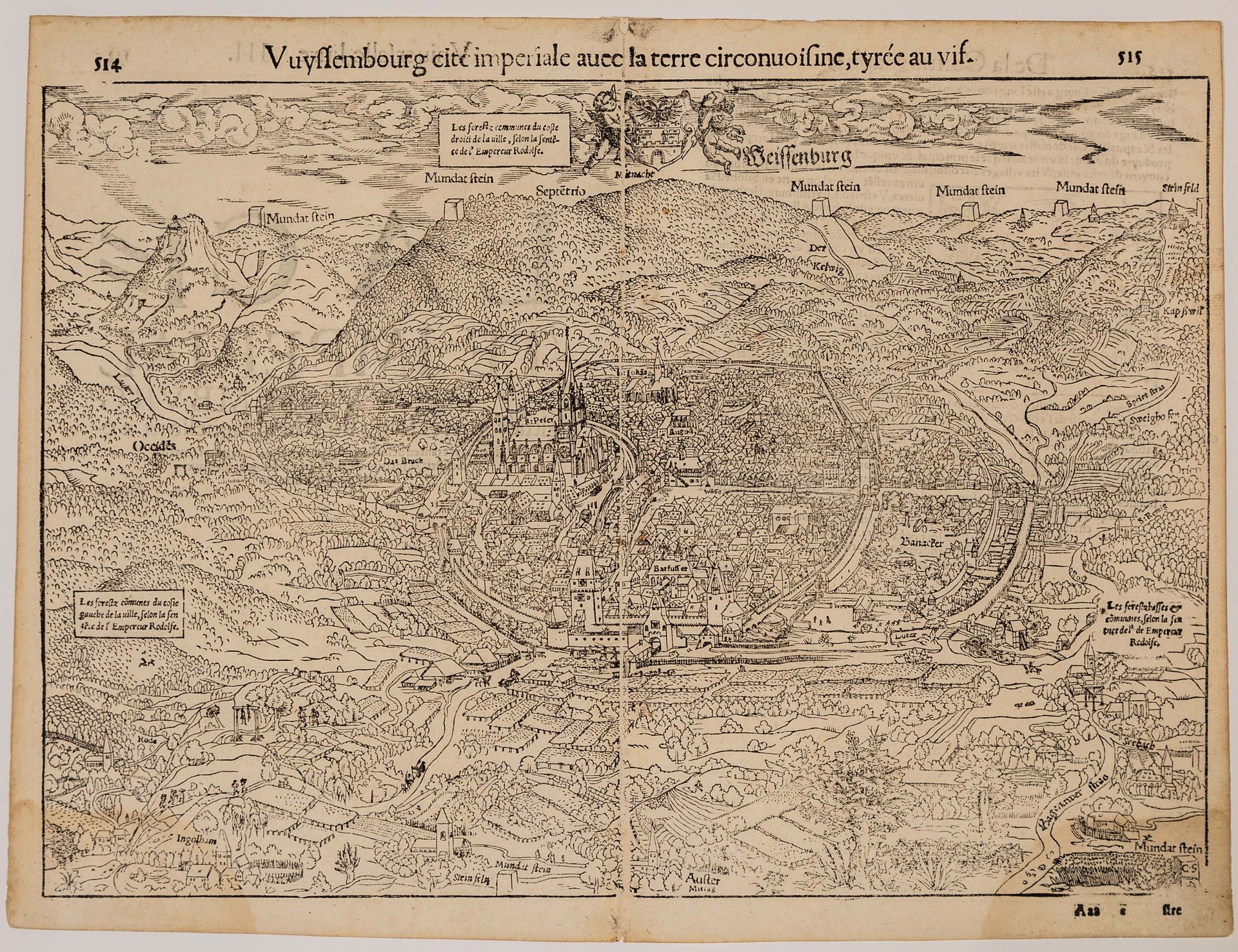 Null 24 - BAS-RHIN。"WISSEMBOURG，皇城与周围的土地，被画成了鲜明的对比"。(约1552年) (29,5 x 39 cm) 状态B+&hellip;
